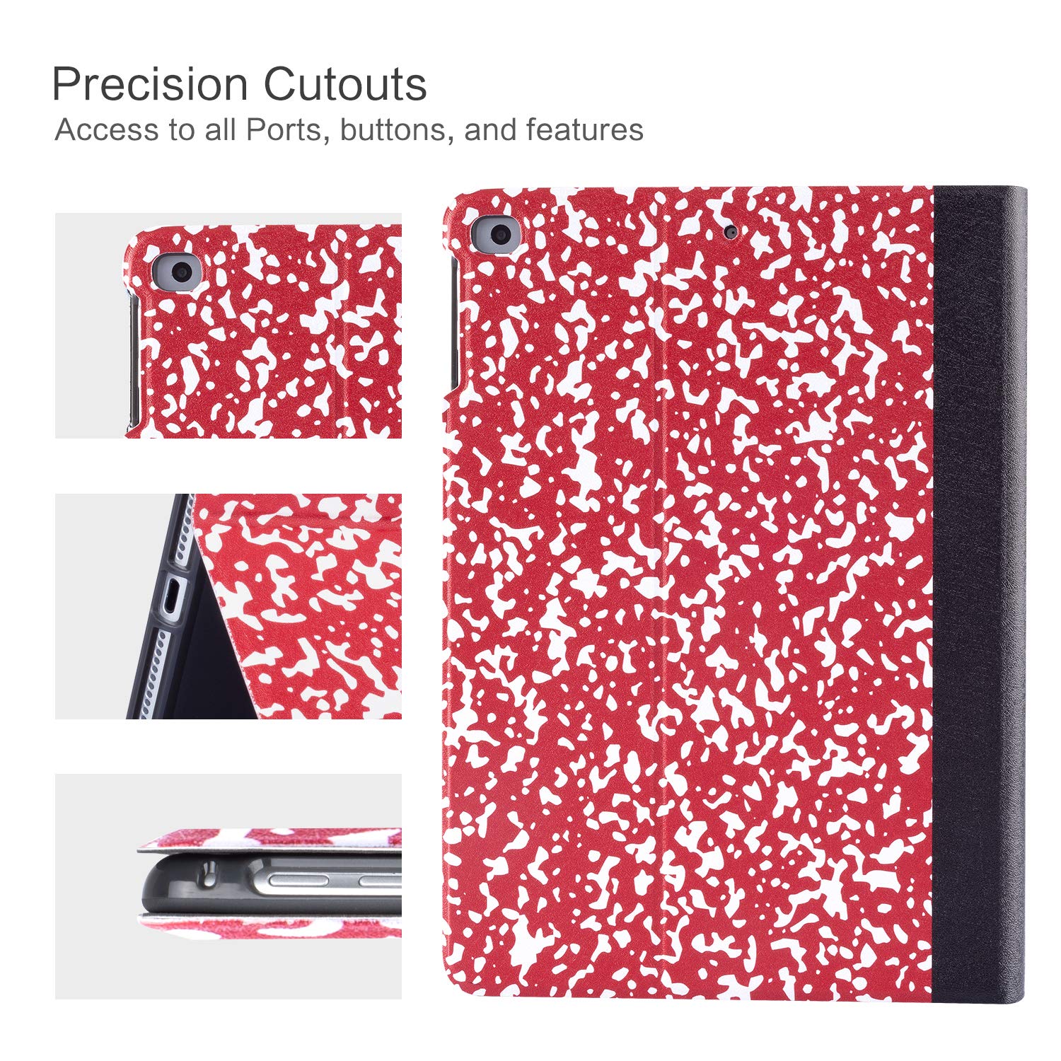 Vimorco Soft TPU Adjustable Stand Case for iPad Air/Air 2 (9.7 Inch) - Auto Wake/Sleep Protection Cover - Red Composition Book Design - Perfect for Work, Study & Entertainment