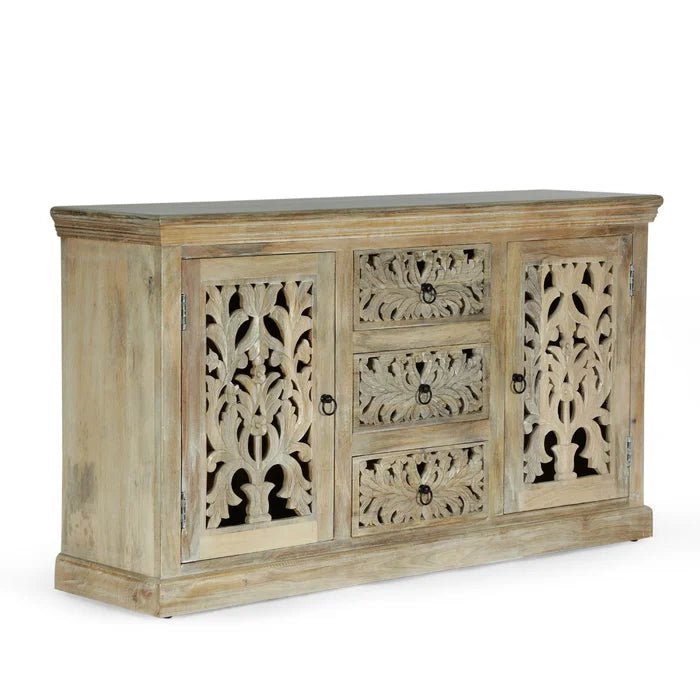 Hand Carved Wooden Sideboard - Indian Design Buffet Table for Dining Room & Living Room Storage | Solid Wood Cabinet for Home Decor & Entertaining
