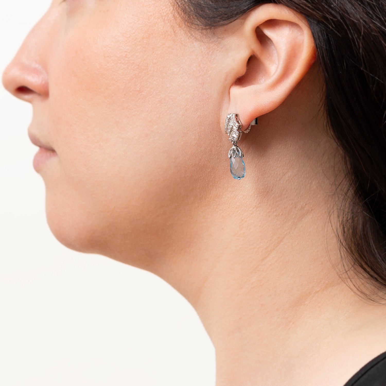 Vintage Art Deco Platinum Aquamarine Briolette & Diamond Drop Earrings – Elegant Dangling Jewelry for Weddings, Parties & Special Occasions
