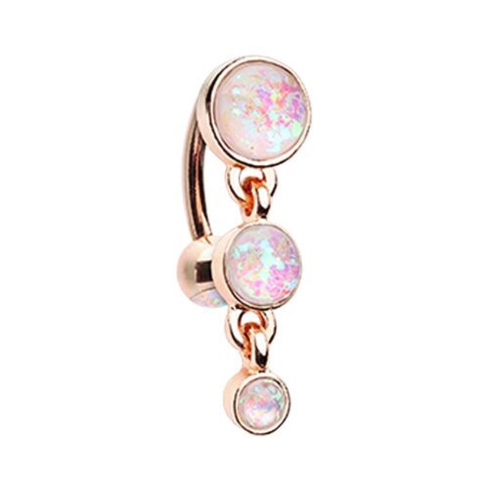 Rose Gold Triple Glitter Opal Reverse Belly Button Ring - Elegant Navel Piercing Jewelry for Women, Perfect for Parties, Beach & Everyday Wear