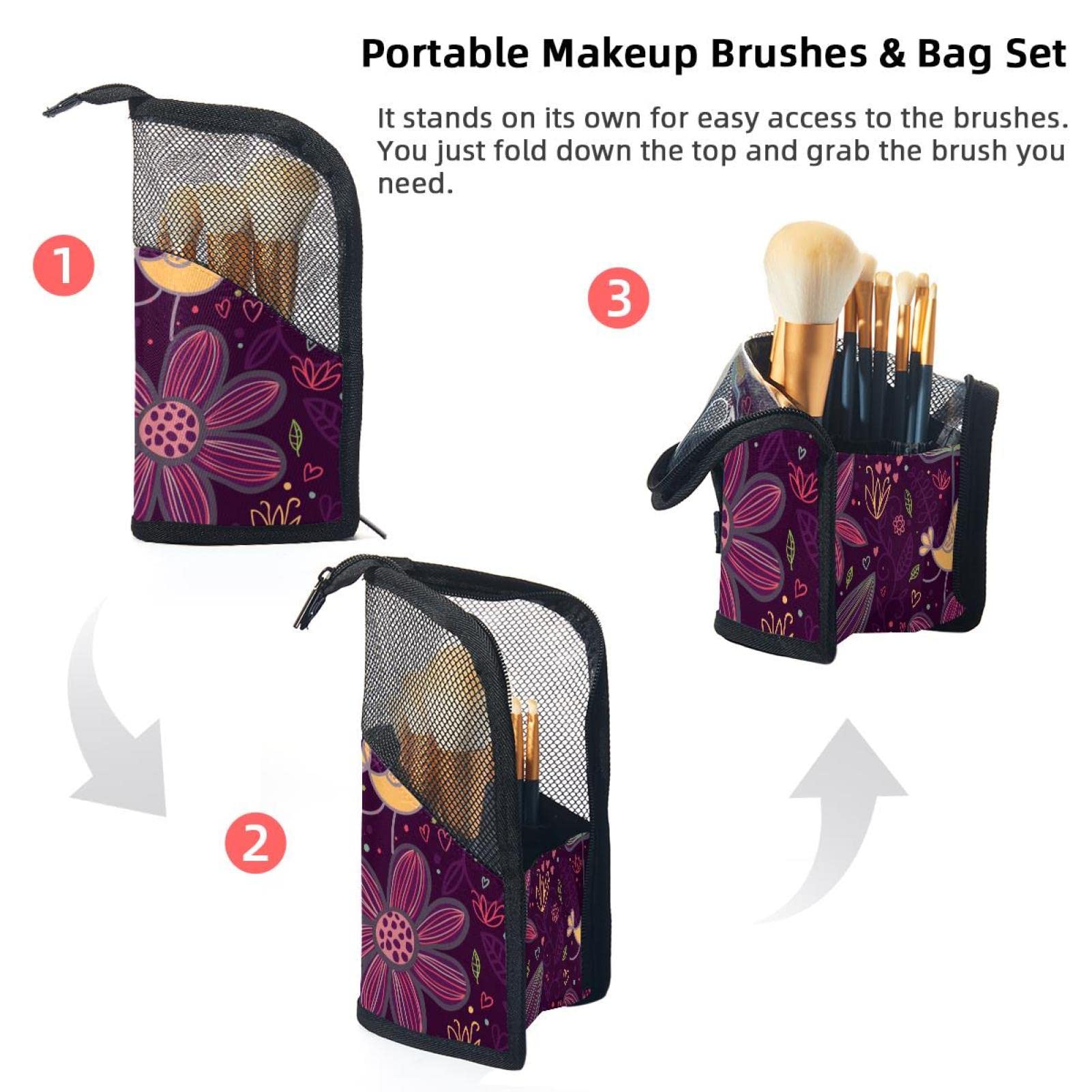 12-Piece Makeup Brush Organizer Bag with Purple Floral Design - Portable Travel Cosmetic Brush Holder Case for Professional & Home Use