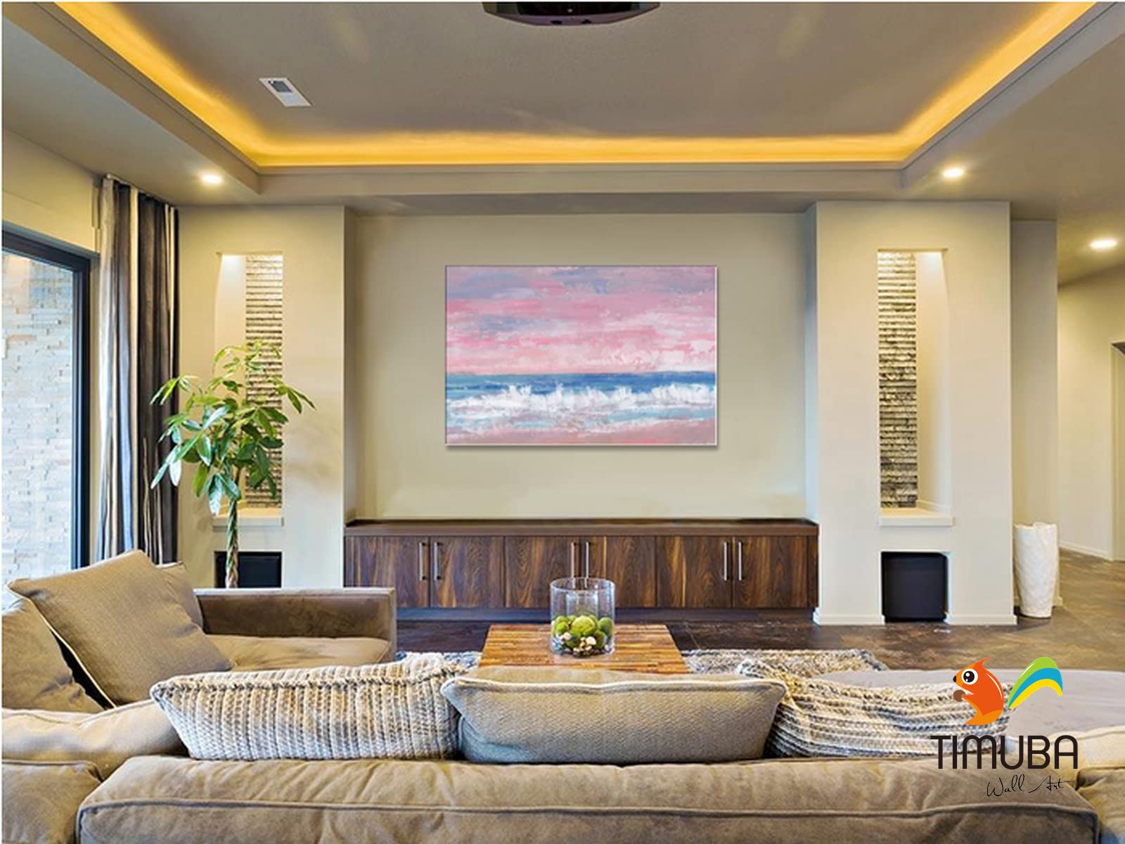 TIMUBA Pink Abstract Beach Wall Art - 32x48 Inches Ocean Sunset Canvas Painting for Bathroom & Living Room Decor - Perfect for Coastal, Nautical & Boho Home Styling