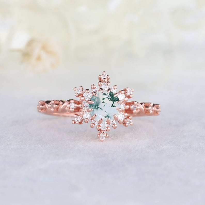 Vintage Moss Agate Engagement Ring - Art Deco Style 925 Sterling Silver Wedding Band for Women | Perfect for Vintage Weddings, Anniversary Gifts & Special Occasions