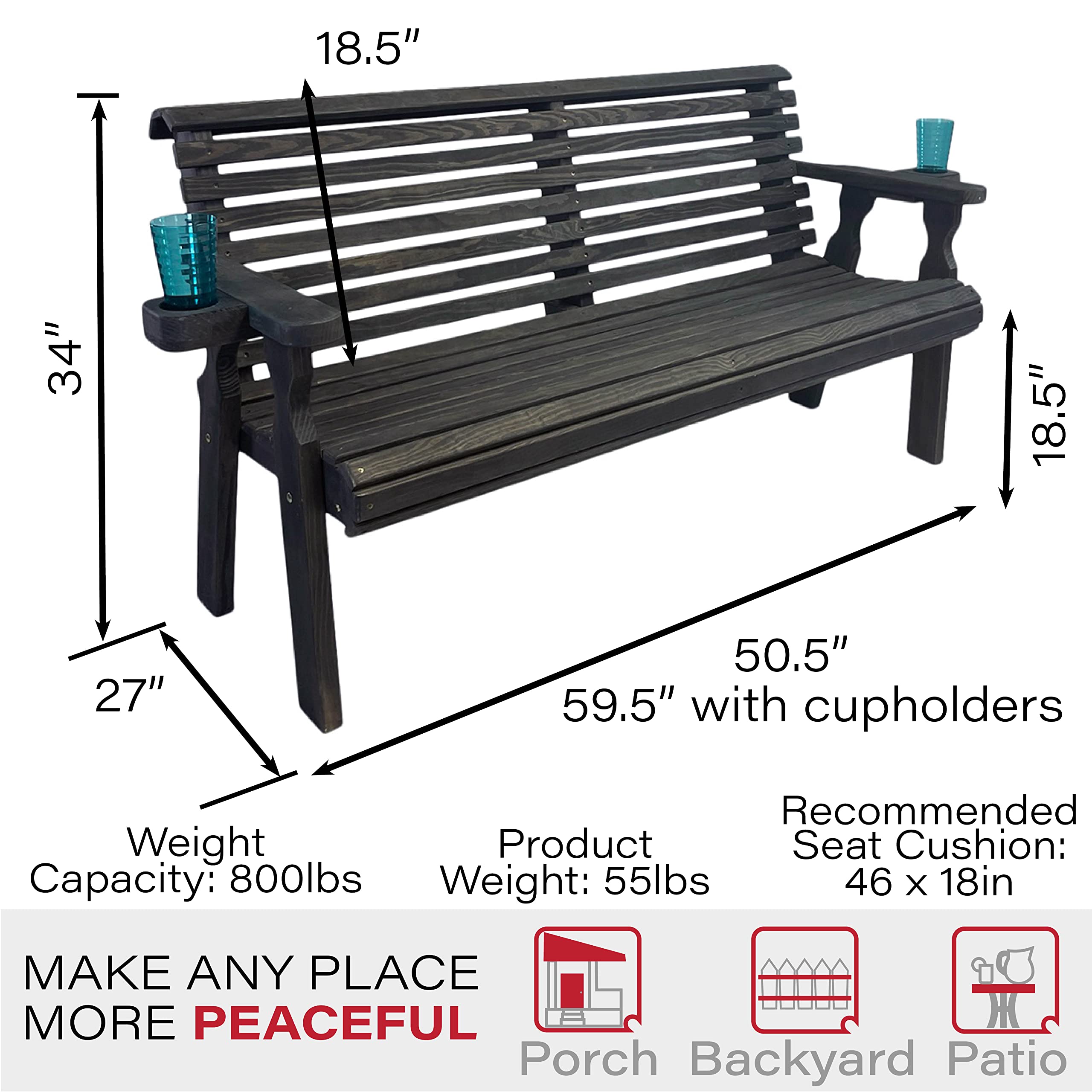 Amish-Made Heavy Duty 4ft Outdoor Garden Bench with Cup Holders - Pressure Treated Black Roll Back Design, 700lb Weight Capacity - Perfect for Patio, Deck, Backyard & Garden Seating