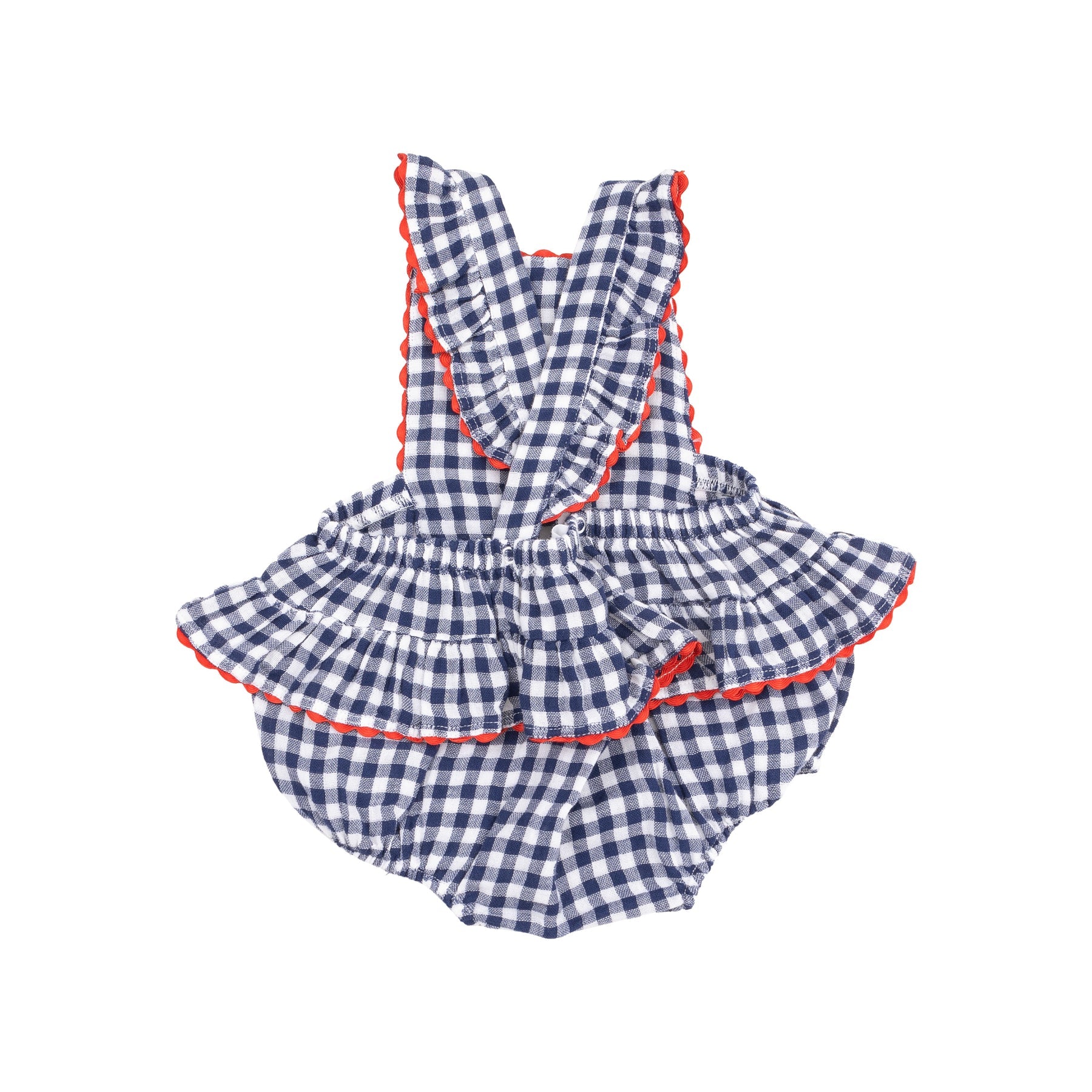 Navy Blue Gingham Muslin Sunsuit with Ric Rac Ruffle Trim - Soft Baby Romper for Summer Outings & Beach Vacations