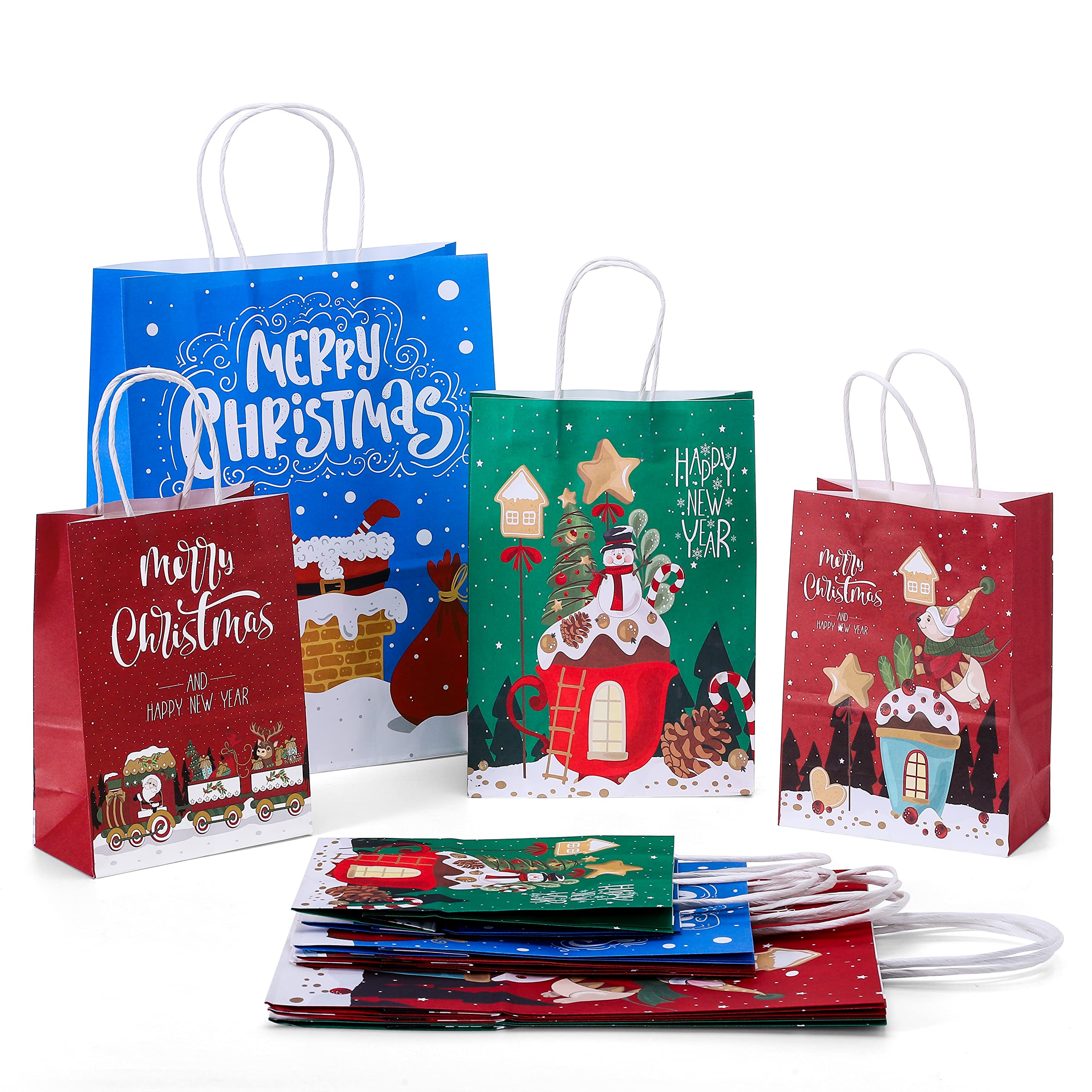12-Piece Christmas Gift Bags Set with Handles - Assorted Sizes (Small/Medium/Large) - Santa, Snowman & Christmas Tree Design - Kraft Paper Bags for Holiday Gift Wrapping, Party Favors & Treat Bags