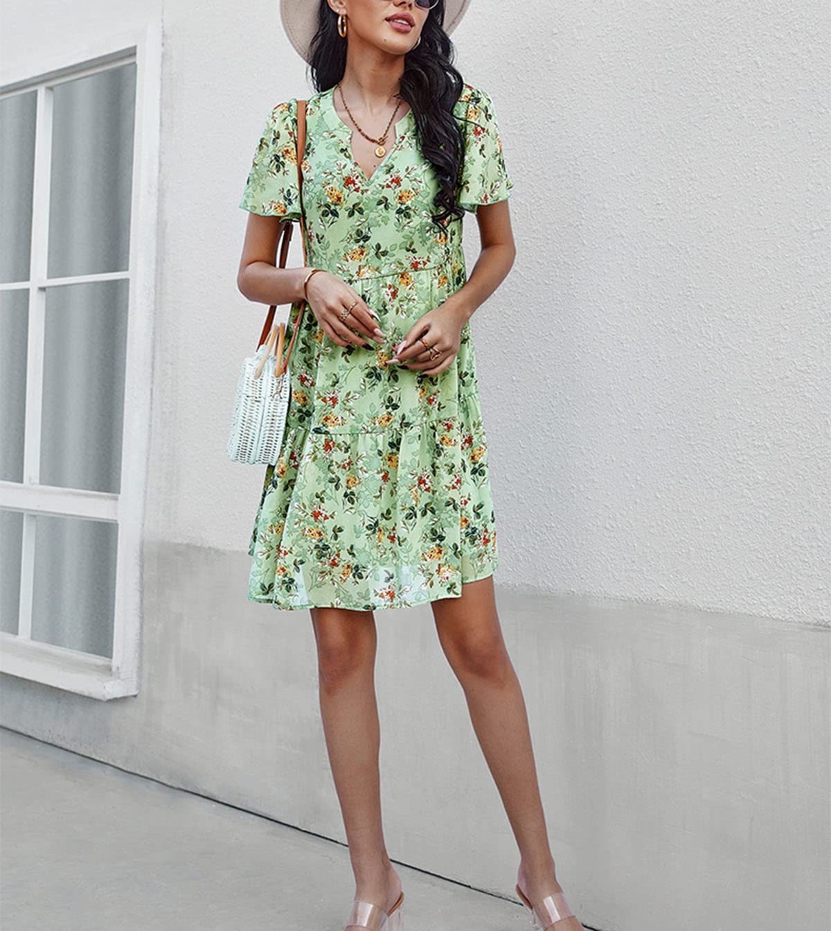 Boho Floral Print Short Sleeve V-Neck Swing Dress for Women - Knee Length Loose Fit Beach Party Dress (Green, Medium) - Perfect for Summer Vacations, Beach Getaways & Casual Outings
