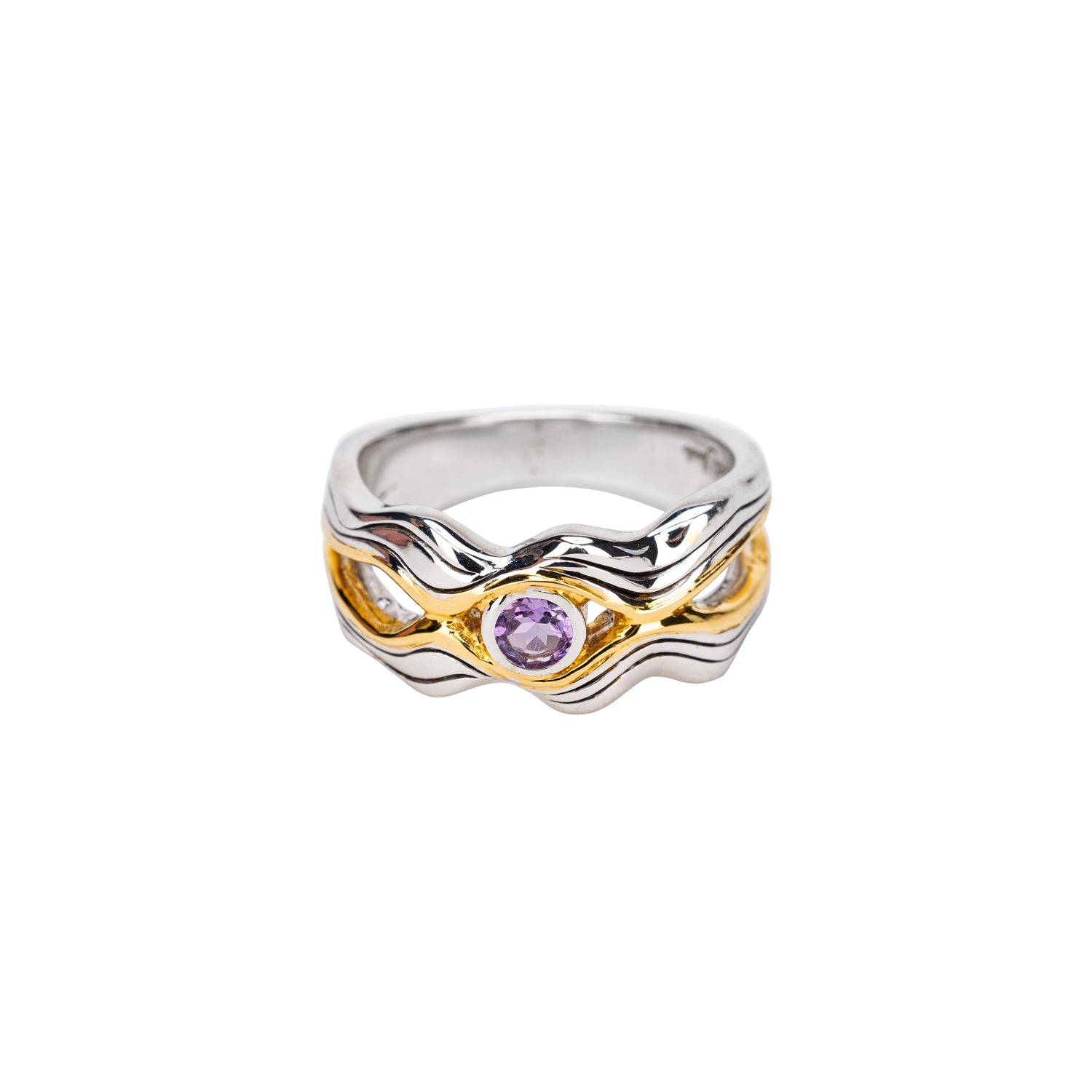 10K Gold & Silver Rocks 'n Rivers Ring with Genuine Amethyst - Elegant Jewelry for Women, Perfect for Weddings, Parties & Everyday Wear
