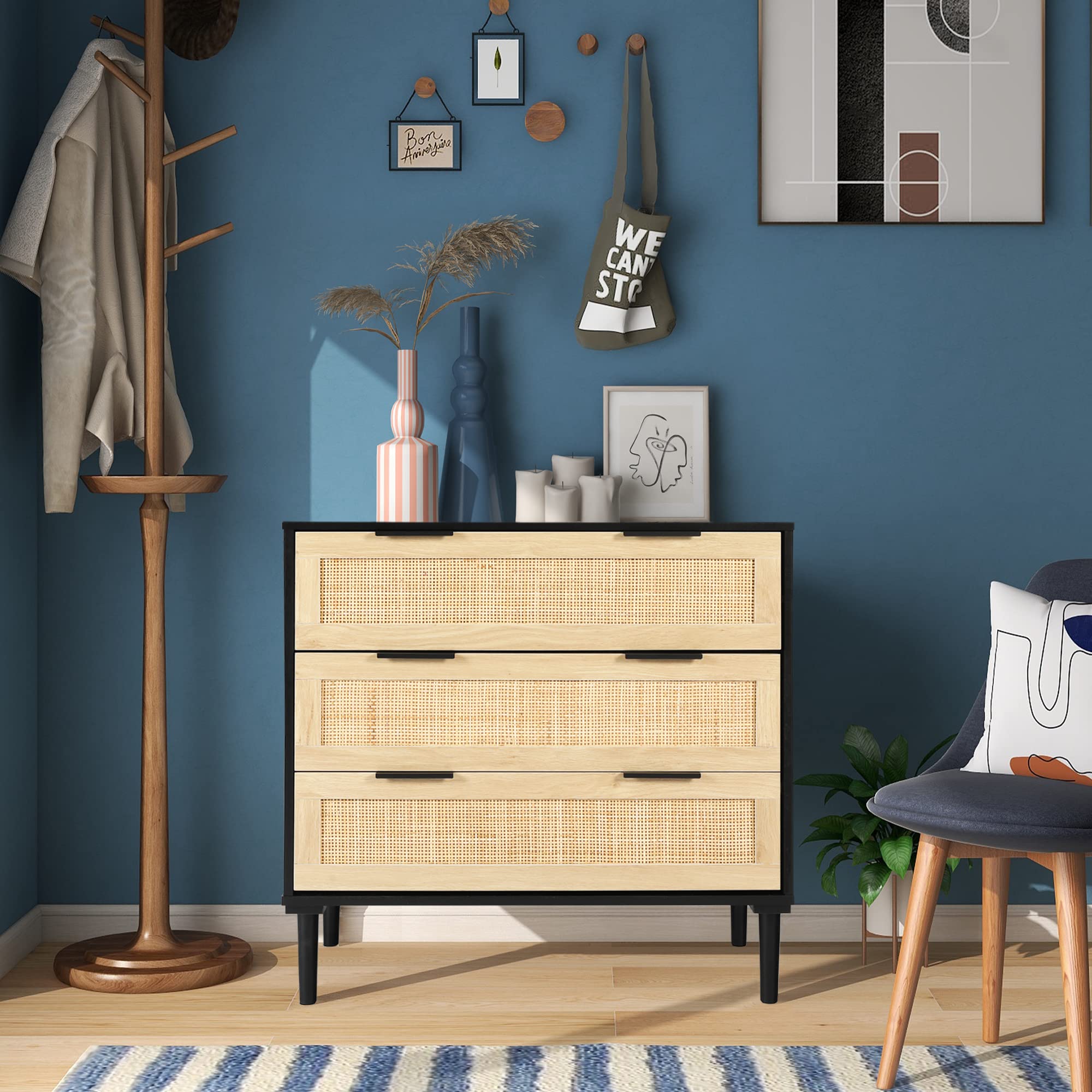 Modern Rattan 3-Drawer Dresser - Bedroom Storage Cabinet for Home & Office