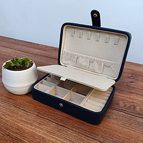 Elegant Leather Jewelry Box with Mirror - Portable Double Layer Organizer for Earrings, Rings & Accessories - Holds 68 Earrings (Black, Small) - Perfect for Travel, Gift Giving & Home Storage