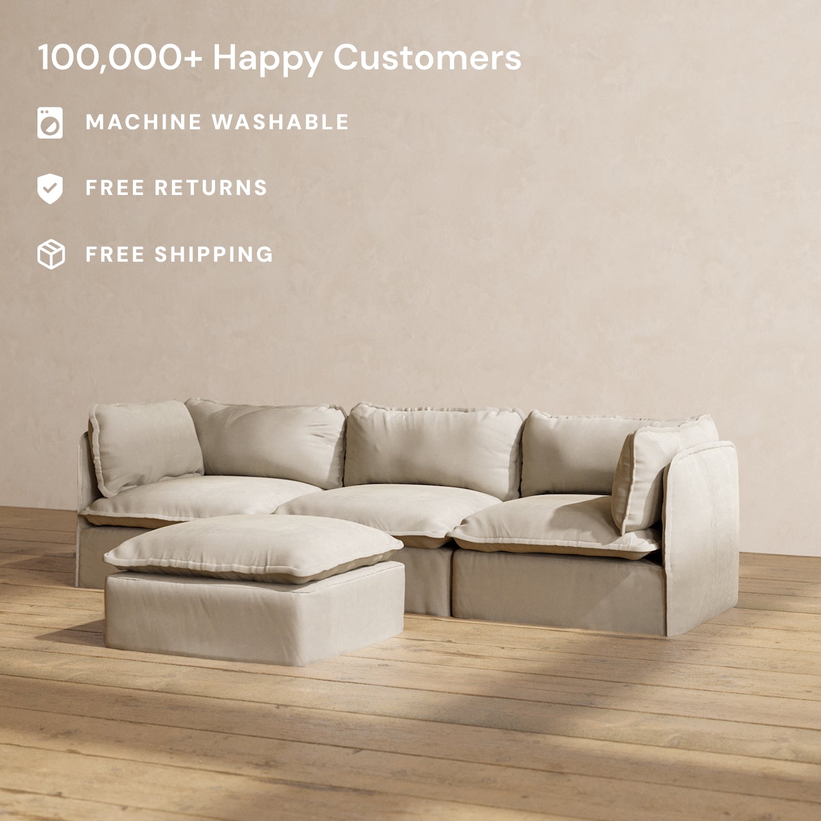 Modular Performance 3-Seater Sofa with Ottoman in Dune Color | Modern Linen Blend Fabric | Perfect for Living Room, Lounge & Family Room Relaxation
