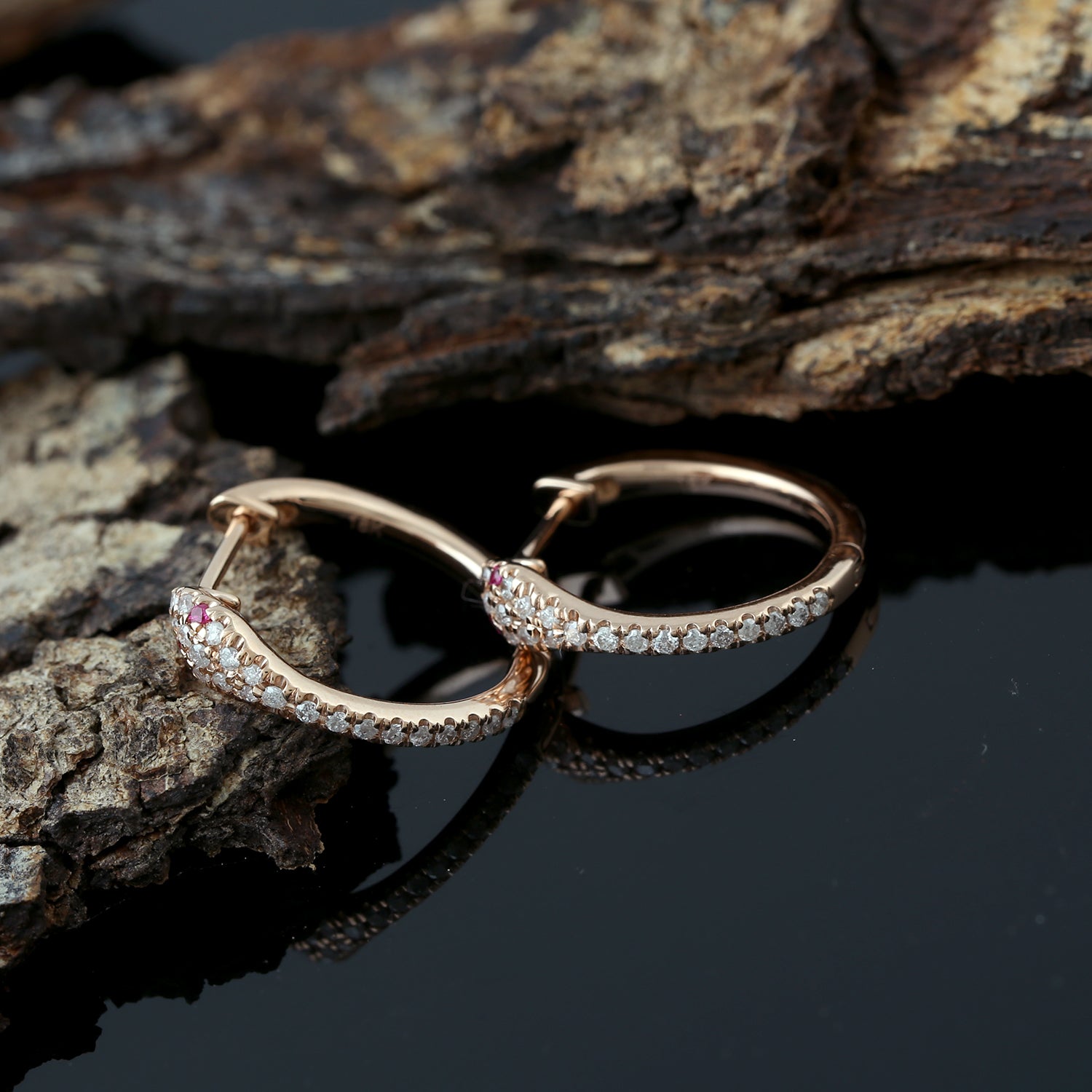 18K Rose Gold Ruby Pave Diamond Serpent Huggie Earrings for Women - Elegant Snake Hoop Earrings for Party, Wedding & Everyday Wear