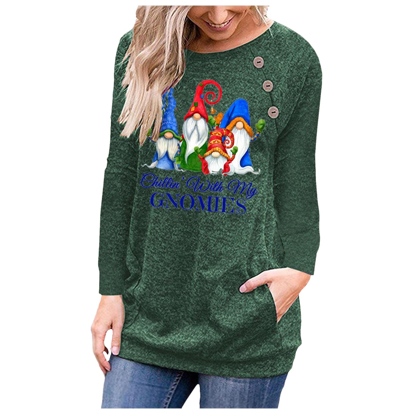 Christmas Cute Graphic Tees for Women - Trendy Crew Neck Casual Tops with Buttons Long Sleeve - Perfect for Workout, Holiday Parties & Everyday Wear