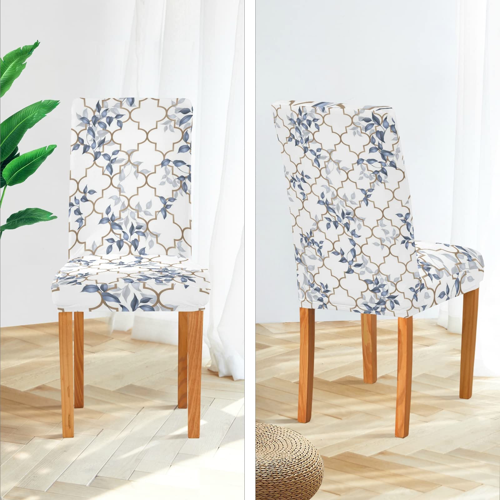 Classic Leaves Morocco Dining Chair Covers Set of 4 - Washable & Removable Stretch Slipcovers for Dining Chairs - Perfect for Dining Room, Ceremony, Party & Holiday Home Decor