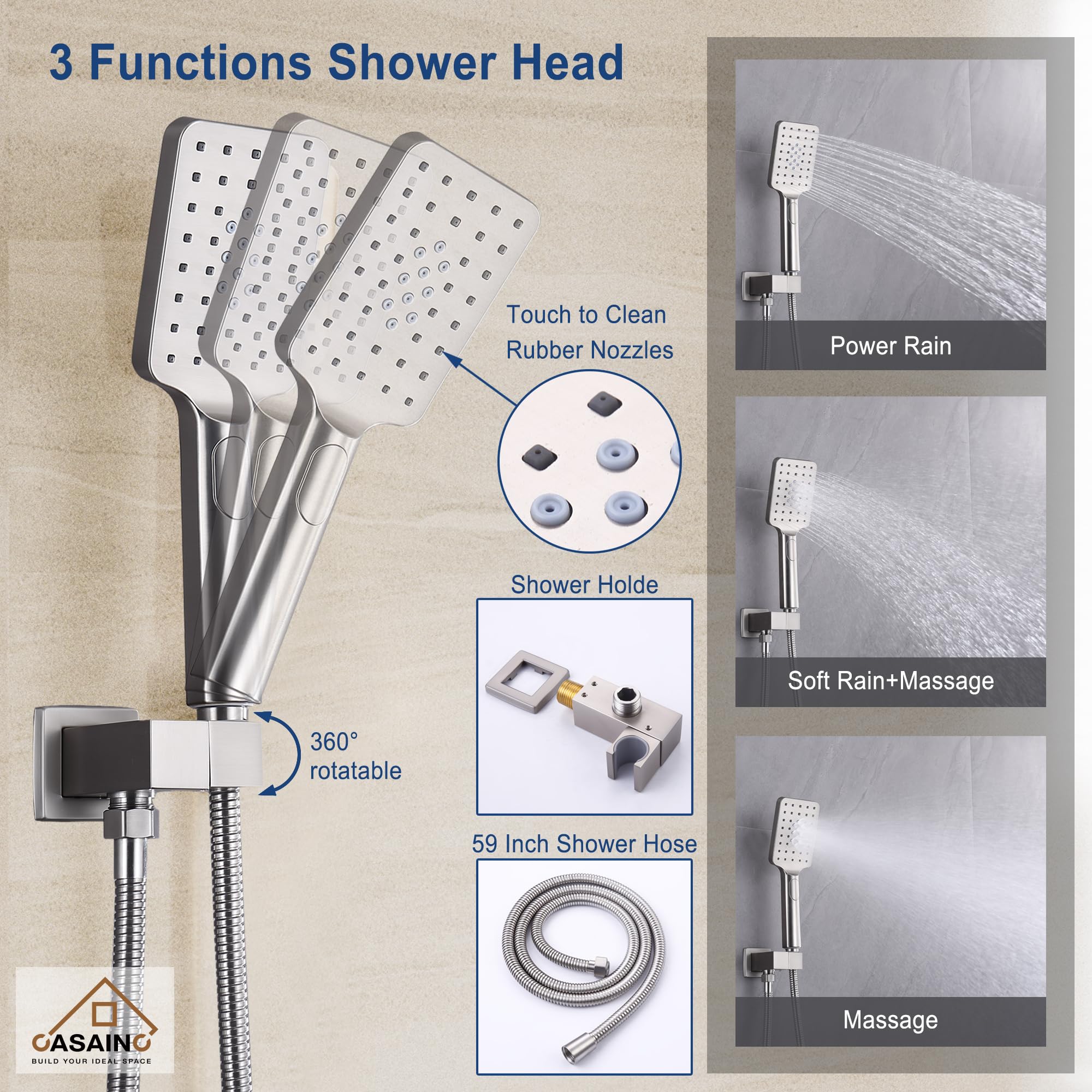 CASAINC 10 Inch High Pressure Brushed Nickel Shower System - Wall Mounted Square Rainfall Shower Head with Handheld Spray & Anti-Scald Valve for Luxurious Bathroom Upgrade | Perfect for Modern Homes, Spa-Like Experience, Water Saving & Easy Installation