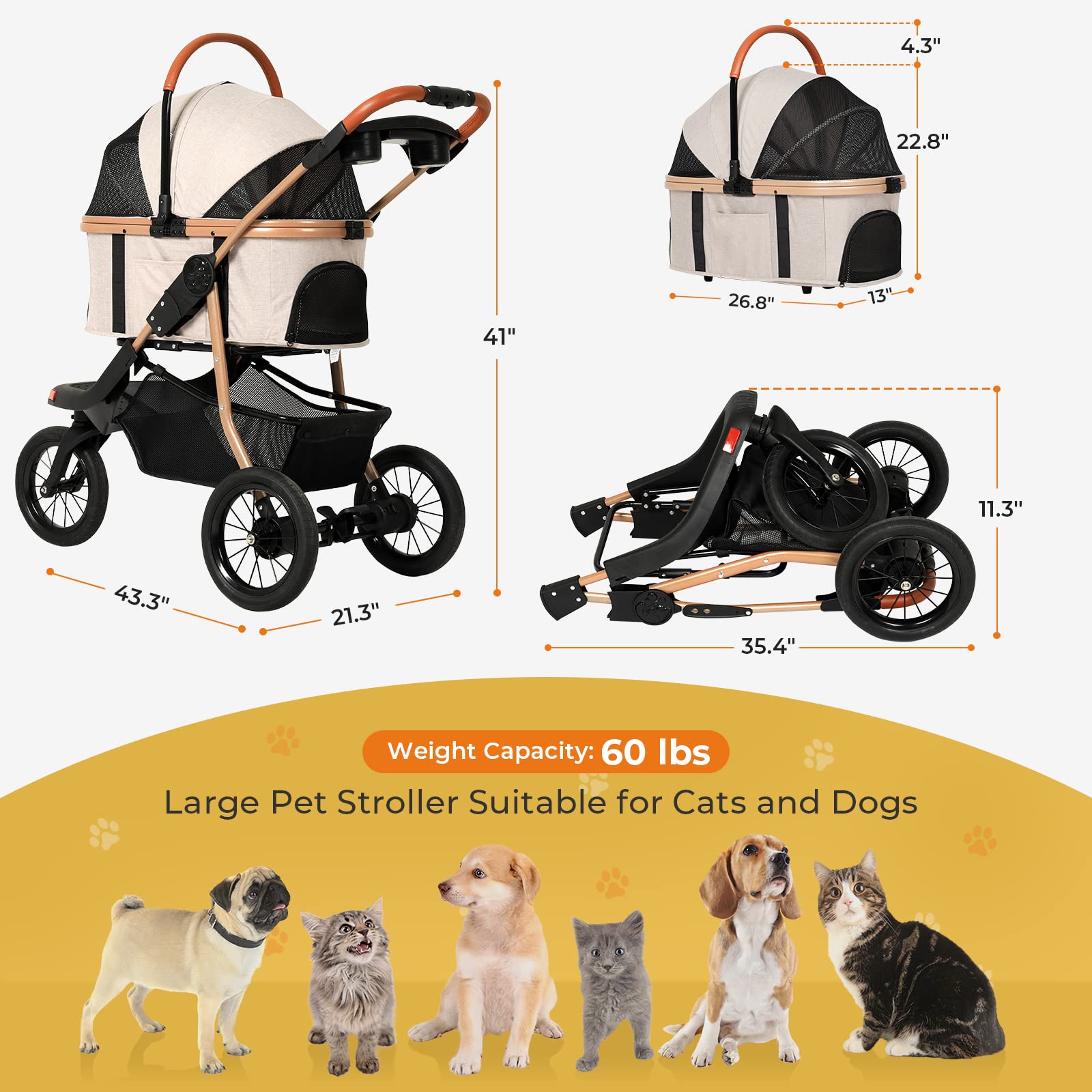 Premium 3-in-1 Large Pet Stroller for Dogs & Cats - Detachable Carrier, Zipperless Dual Entry, Foldable Jogging Travel Stroller with Rubber Tires & 3-Wheel Design - Perfect for Outdoor Walks, Vet Visits & Travel Adventures