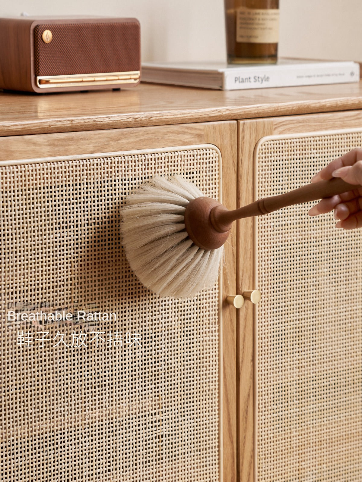 Solid Oak Wood Shoe Storage Cabinet with Rattan Doors - Organize Shoes Neatly in Entryway, Bedroom or Closet