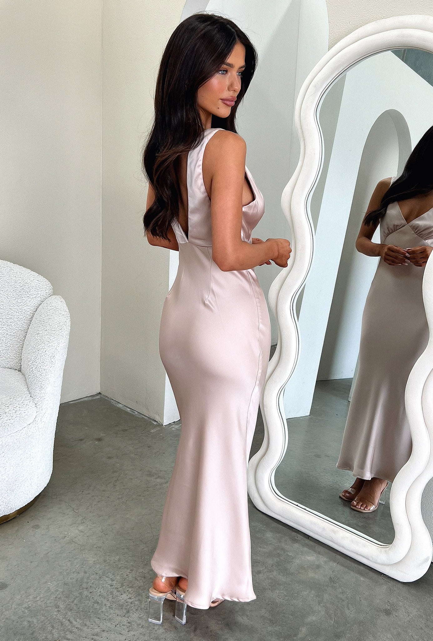 Delayne V Neck Satin Midi Dress in Champagne | Elegant Evening Gown for Cocktail Parties, Weddings & Formal Events