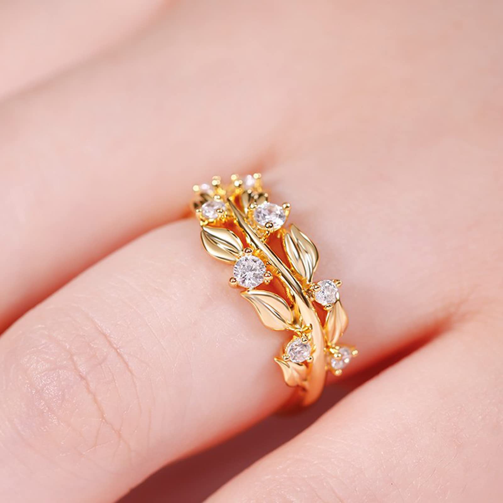 Jeulia Sterling Silver Olive Branch Band Ring for Women - Round Cut Leaf Promise Ring in Gold Tone with Diamond Accents, Nature-Inspired Wedding Band for Anniversary & Engagement - Perfect Gift with Jewelry Box (Ideal for Romantic Occasions, Proposals & Everyday Elegance)