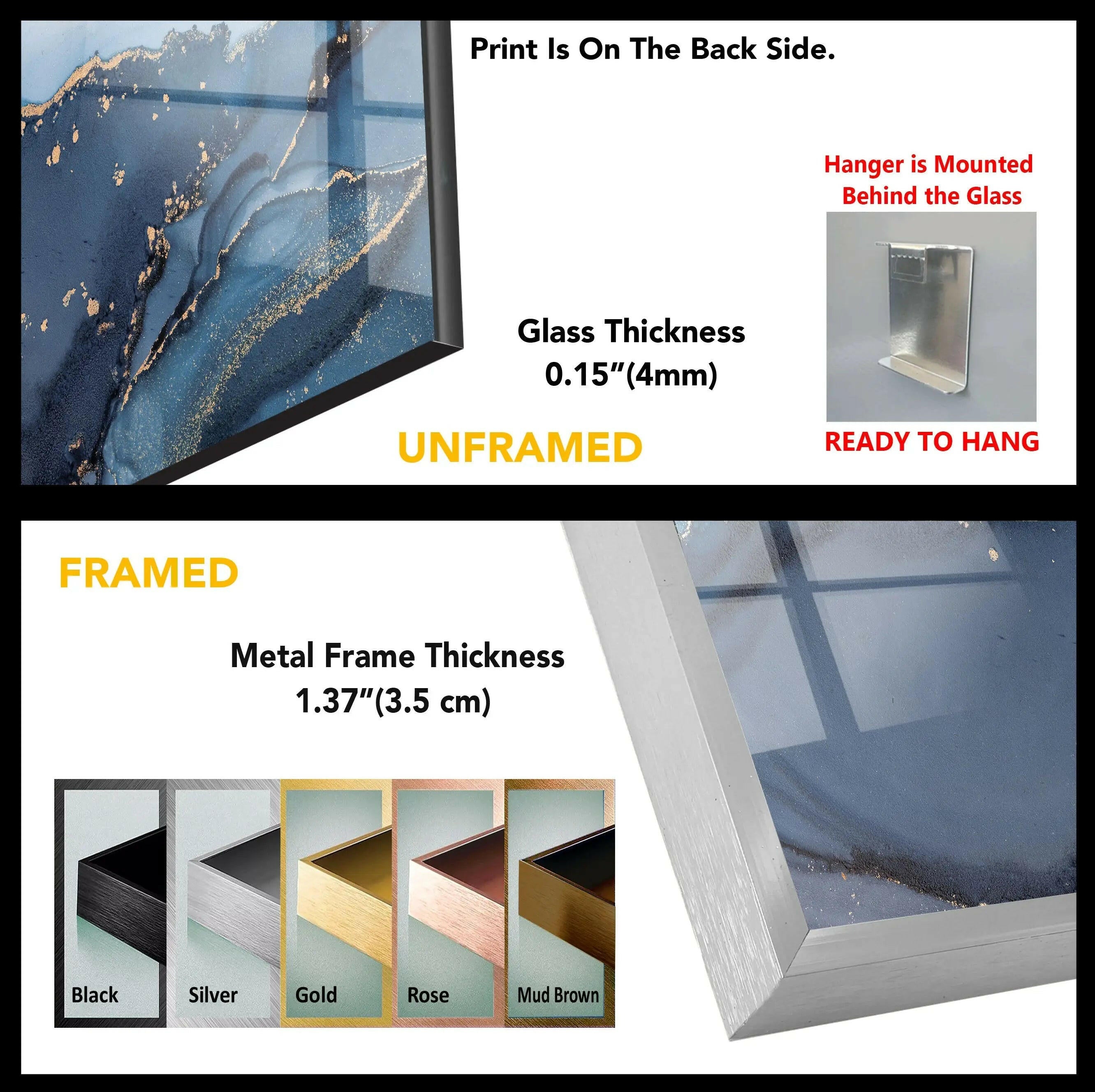 Blue Marble Ink Abstract Glass Wall Art - Modern Home Decor for Living Room, Bedroom & Office - Unique Handmade Glass Painting for Interior Design