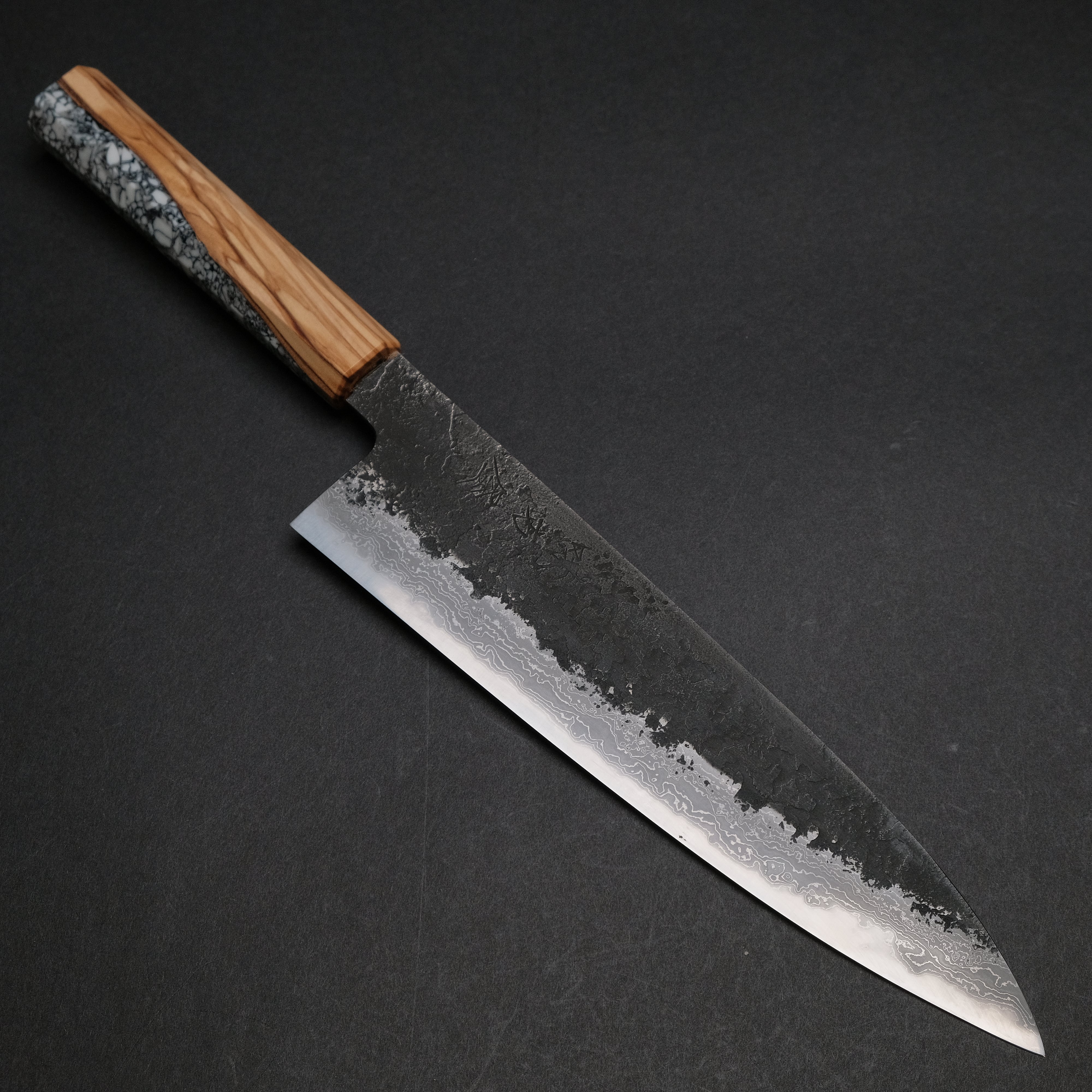 Premium Ajikataya White #2 Nashiji Damascus Gyuto 210mm Japanese Chef Knife with Olive/TQRV Handle (#45) - Perfect for Sushi, Meat Slicing & Professional Kitchen Use