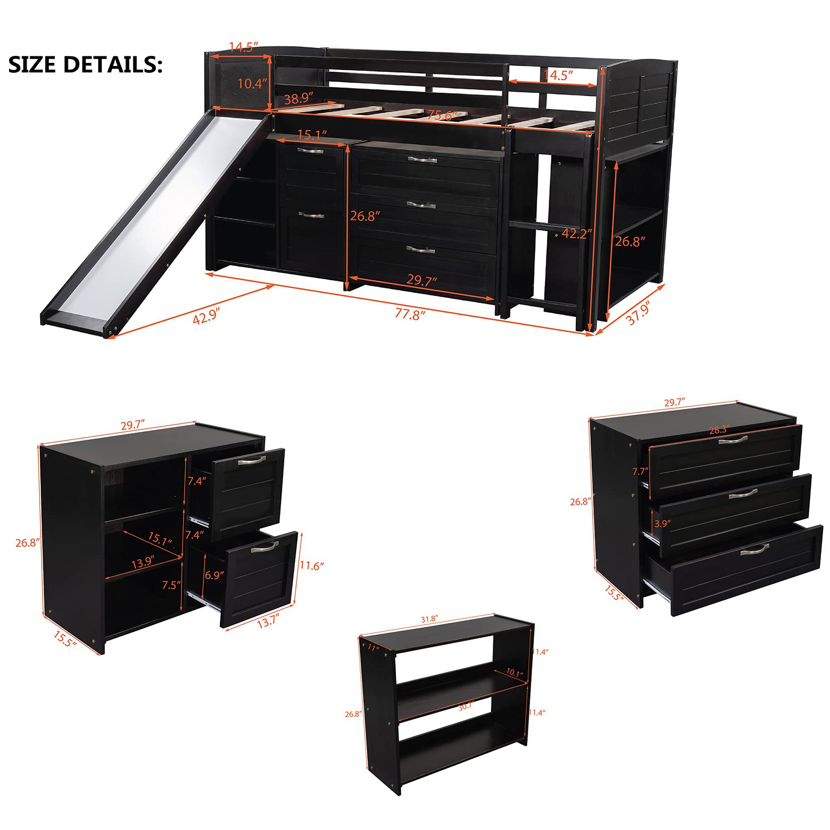 Low Loft Bed with Slide and Storage - Twin Size Wooden Loft Bed Frame with Cabinet Drawers & Bookshelves for Kids, Boys, Girls & Teens - Espresso Finish - Perfect for Small Bedrooms, Playrooms & Dorm Rooms