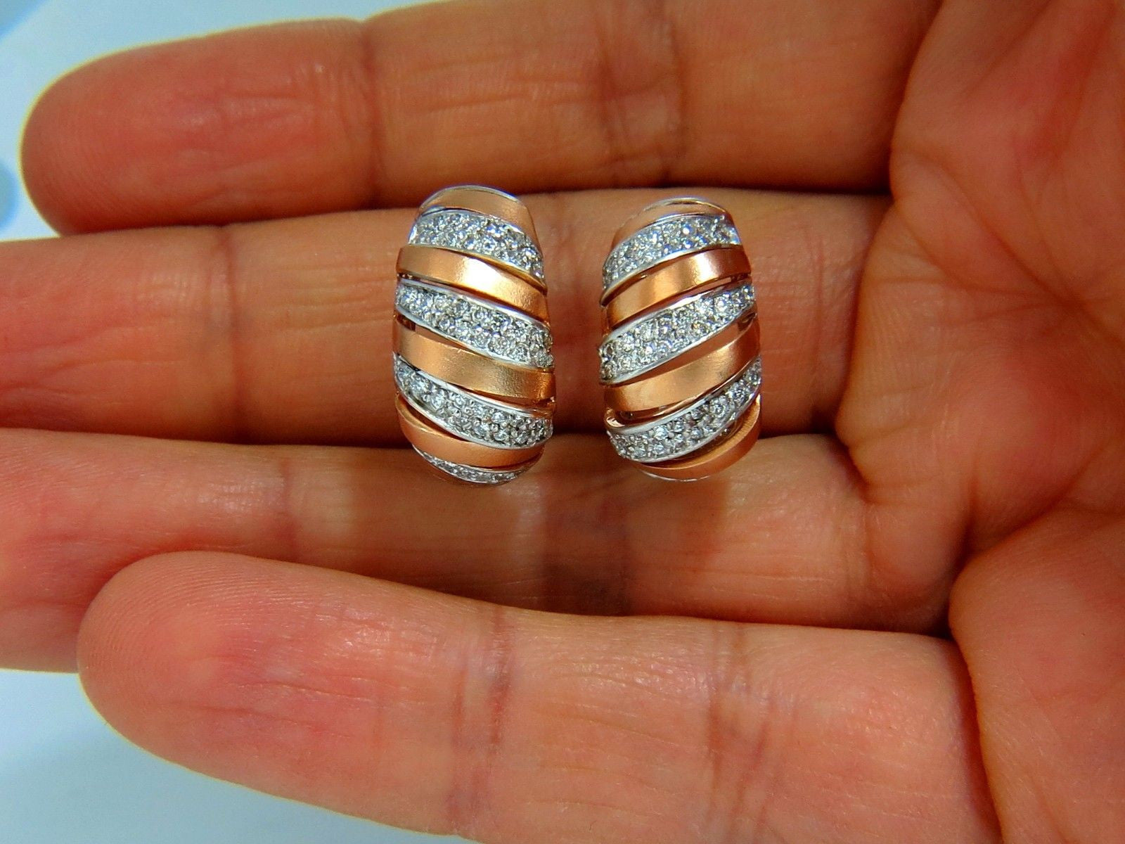 1.00CT Natural Diamonds Hoop Earrings 14K Rose Gold G/VS 3D Slant Striped Design - Perfect for Weddings, Parties & Everyday Elegance