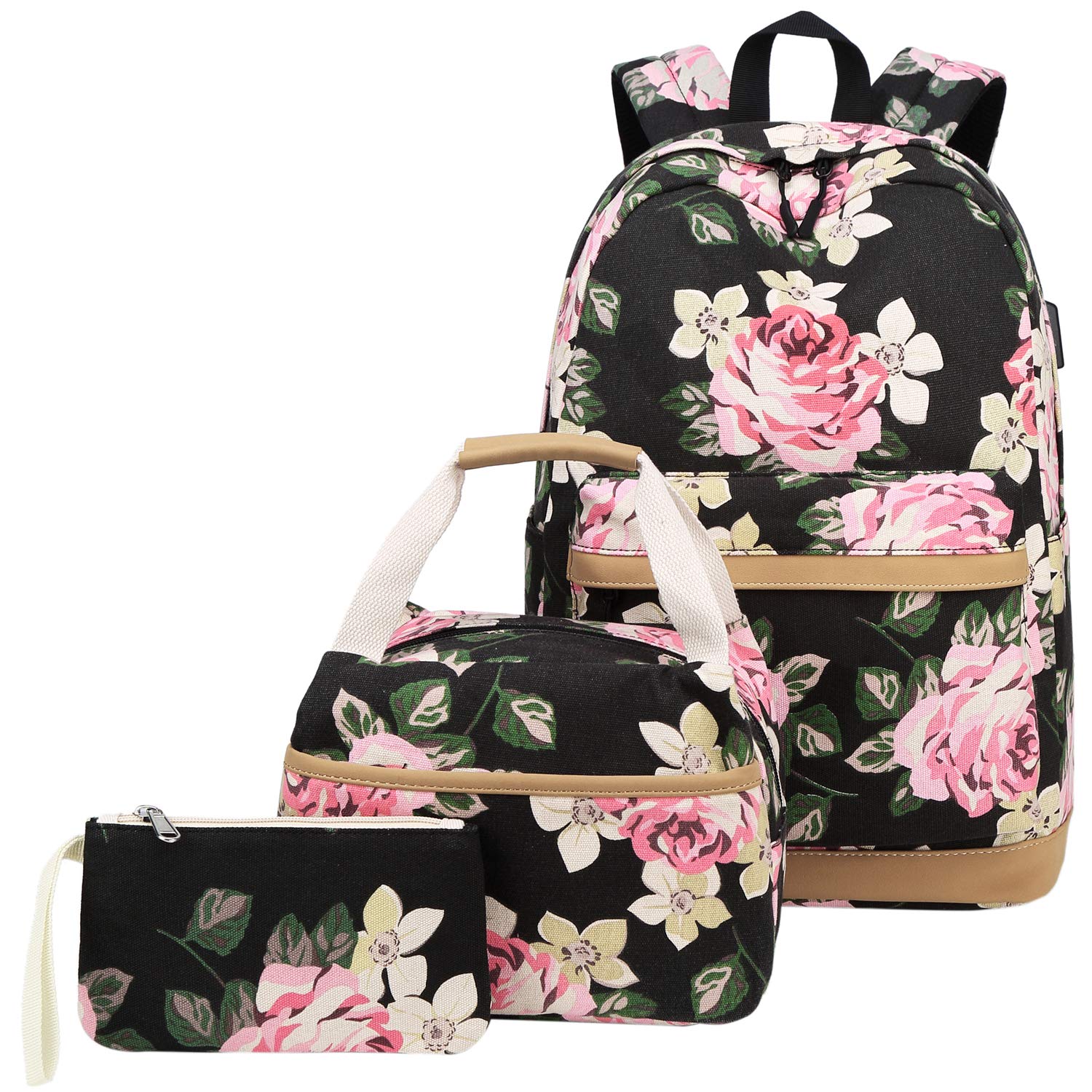 Floral Black Canvas School Backpack for Teens - Lightweight Book Bag with Multiple Pockets for High School & College Students - Perfect for Daily Use, Travel & Outdoor Activities