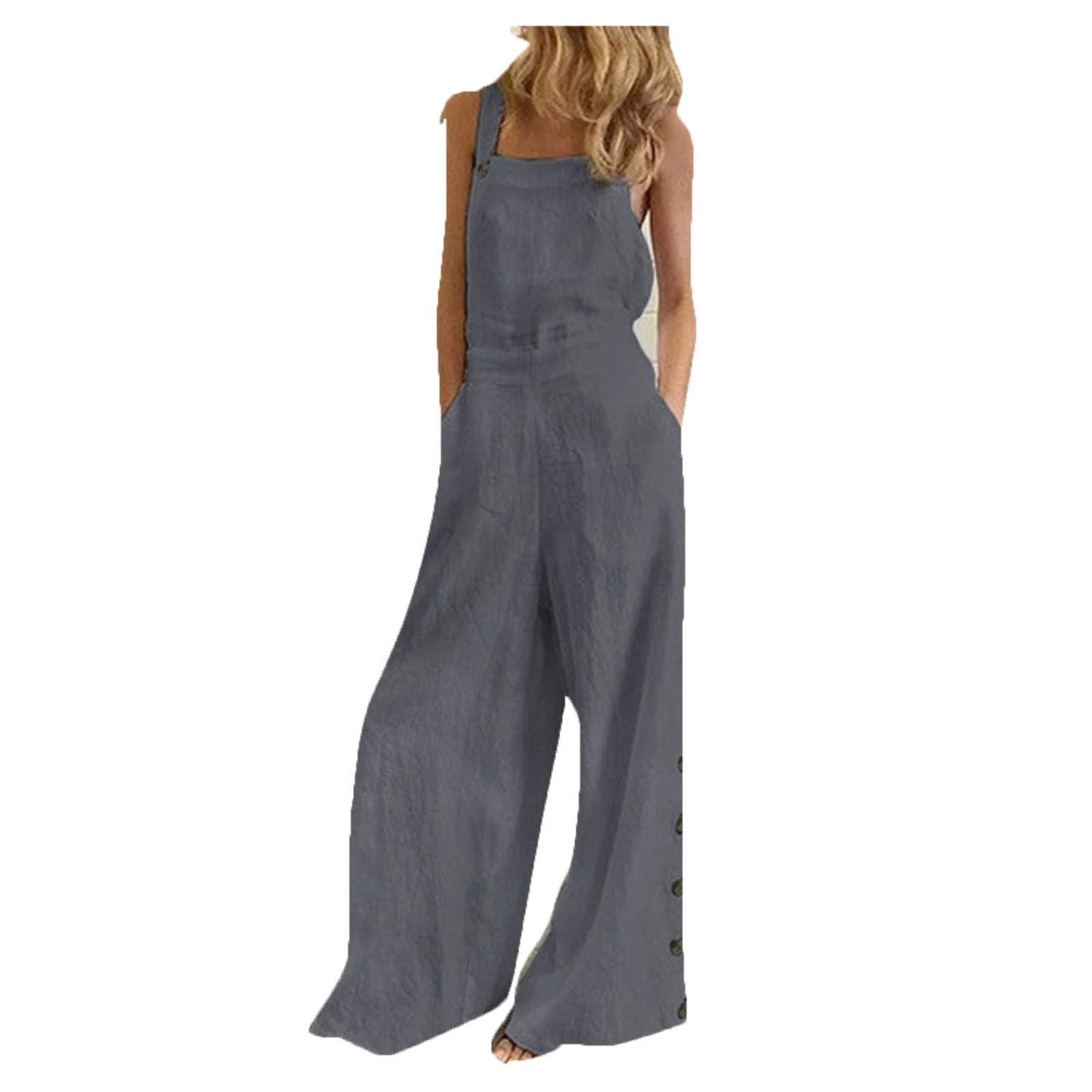 **Messigaot Women's Cotton Linen Jumpsuit - Baggy Long Wide Leg Overalls with Loose Pockets & Button Bib - Casual Summer Outfit for Beach, Travel & Everyday Wear**