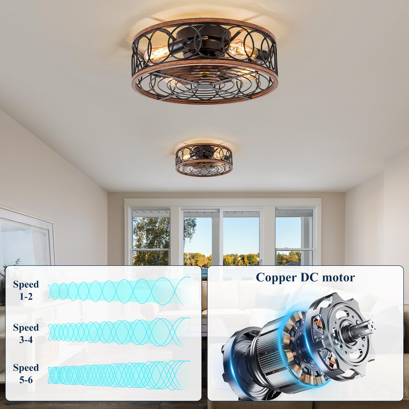 NORFOLK 20'' Bladeless Farmhouse Ceiling Fan with Lights & Remote Control - Low Profile Flush Mount Rustic Cage Lighting (E26 Bulb Base) - Perfect for Bedroom, Living Room, Kitchen, Patio & Outdoor Spaces