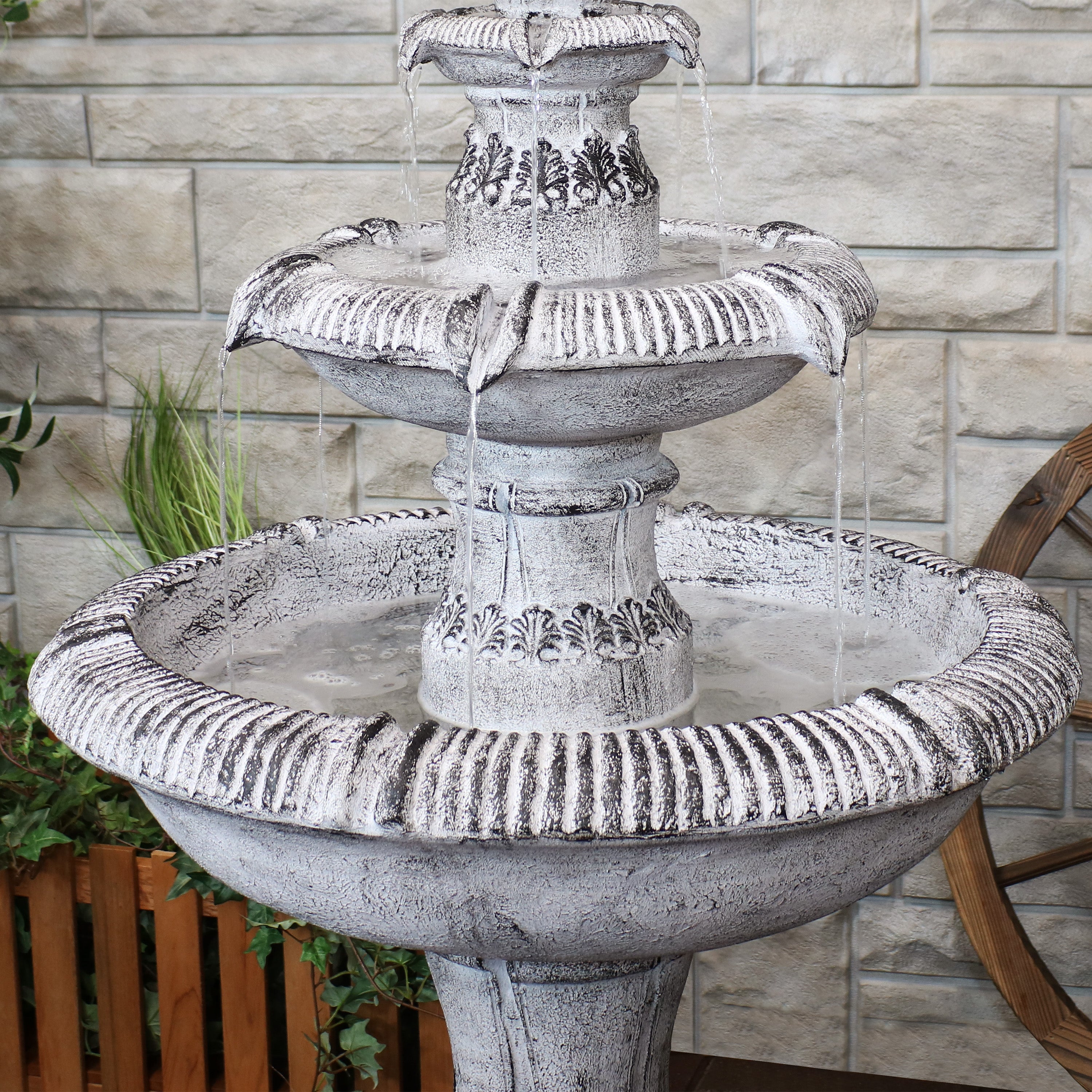 45-Inch 3-Tier Outdoor Water Fountain with Mediterranean Design - Durable Reinforced Concrete for Garden, Patio, and Backyard Decor | Sunnydaze