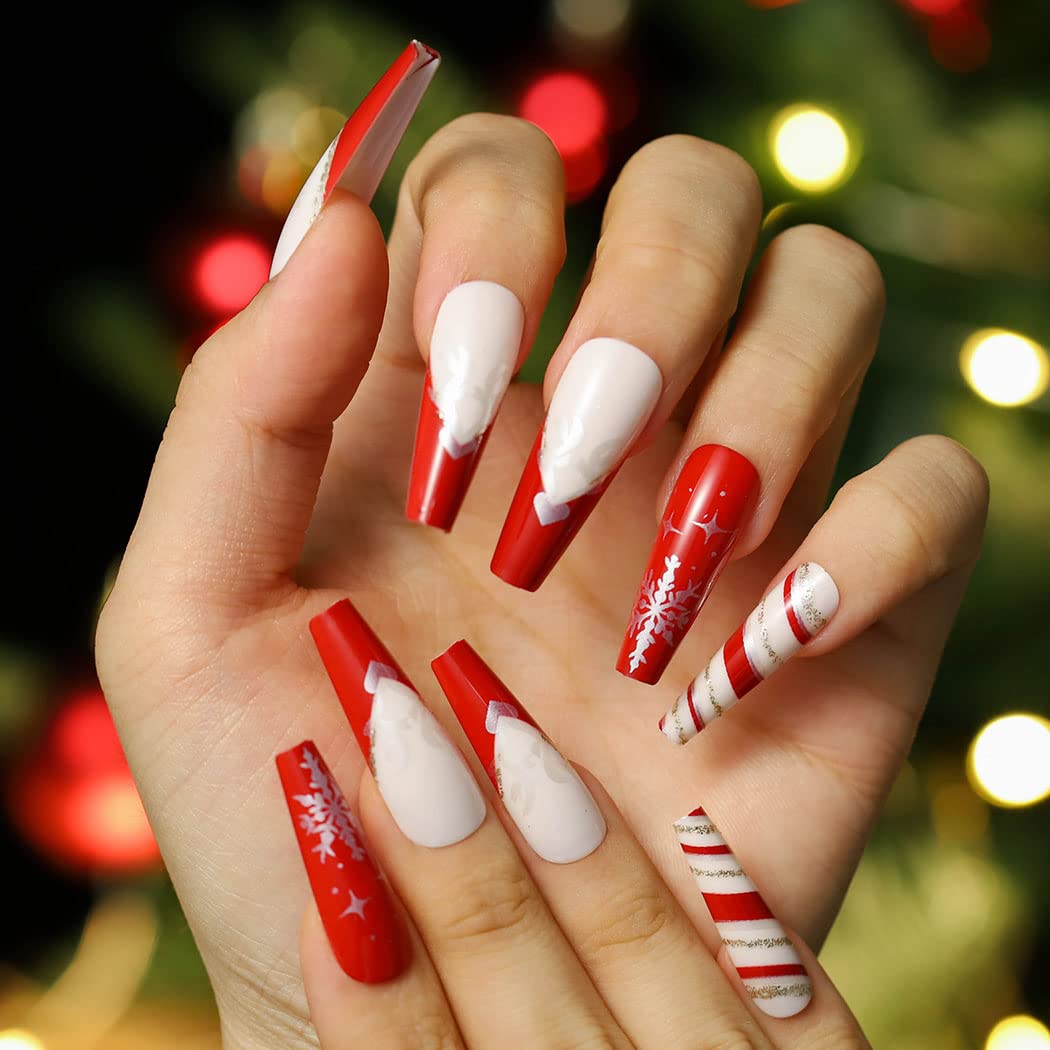 Uranian Christmas Press on Nails - 24pcs Long Red Coffin Fake Nails with Snowflake, Stripes & Santa Claus Designs | Glossy Glitter Stick on Nails for Women & Girls | Full Cover French Tip Acrylic Nails for Holiday Parties, Gift Giving & Festive Nail Art