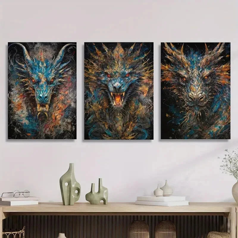3PCS Colorful Fantasy Dragon Metal Wall Art - Retro Ready to Hang Prints for Home & Office Decor - Perfect for Living Room, Bedroom, Game Room or Gift