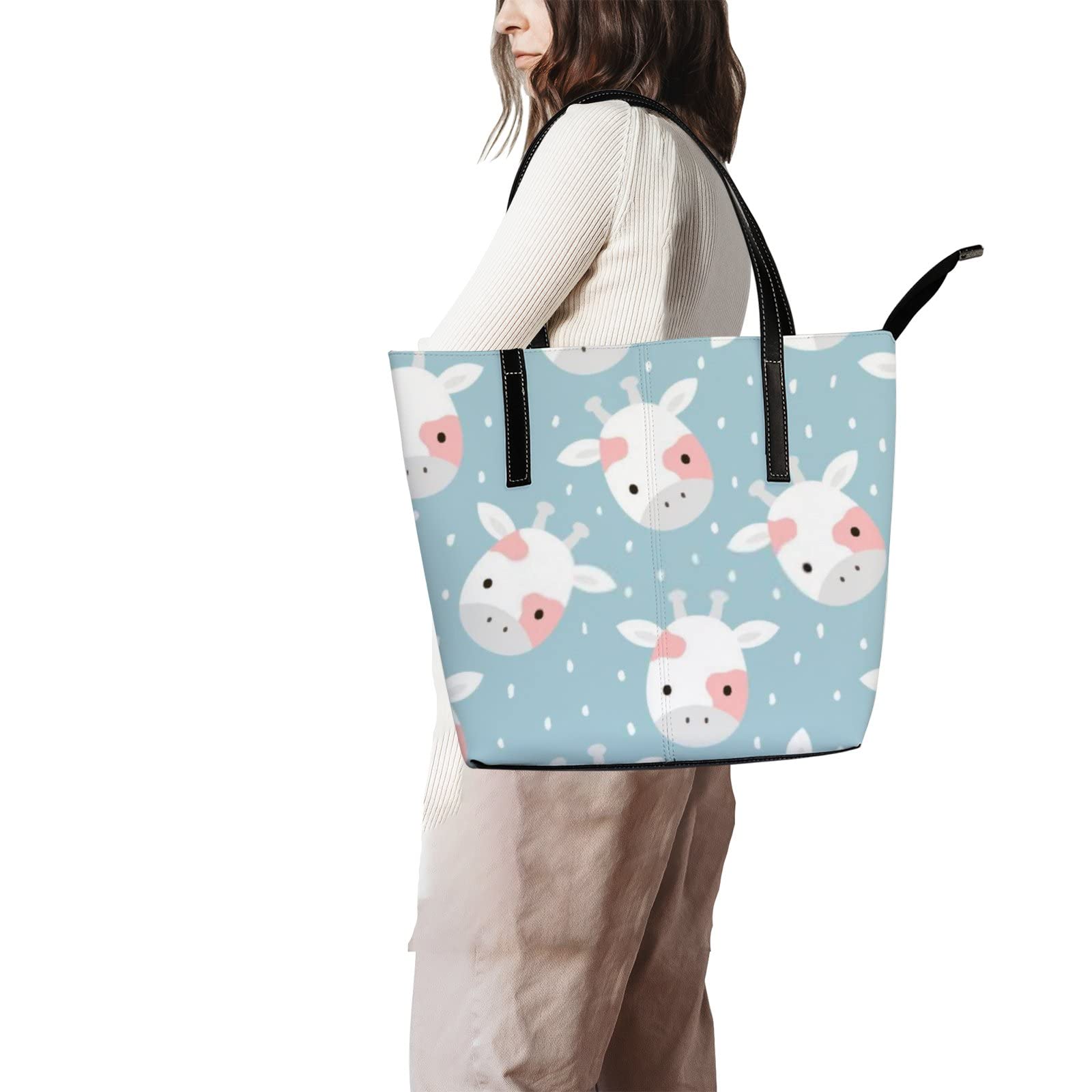 Stylish Pink & White Giraffe Print Leather Tote Bag for Women - Fashionable Crossbody Work Handbag with Zipper Closure | Perfect for Office, Travel & Everyday Use