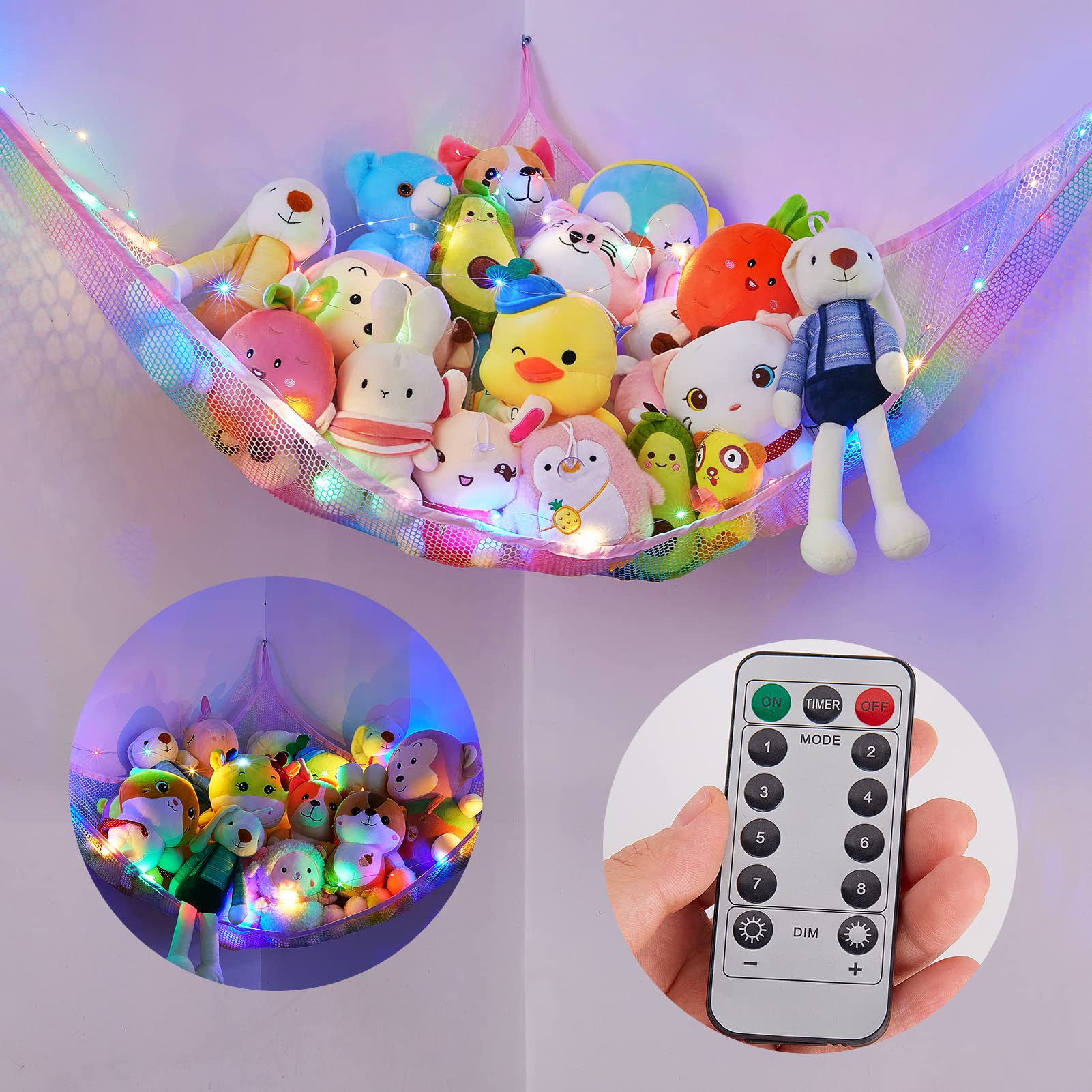 **Basumee LED Stuffed Animal Hammock with Remote Control - 8 Color Changing Lights, Toy Storage Net for Kids Room, Nursery & Playroom - Perfect for Organizing Plush Toys & Decor (Pack of 1)**