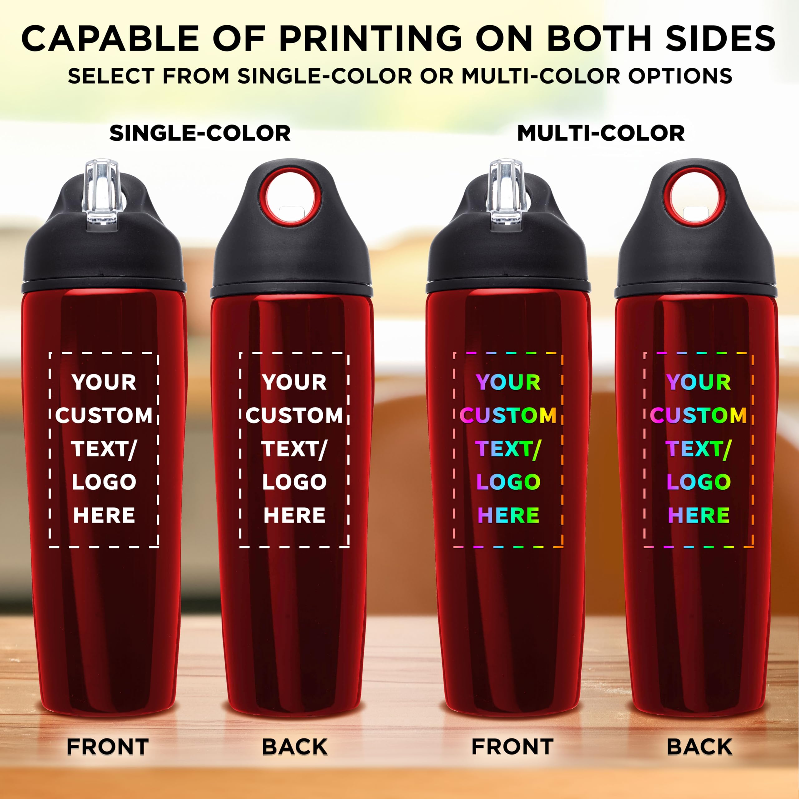 Custom Stainless Steel Water Bottles 24 Pack - Personalized Text & Logo - 28.5 oz Metal Sports Bottles with Flip Top Lid - Easy Carry Handle - Bulk Promotional Gift for Gym, Office, Team Events (Red)