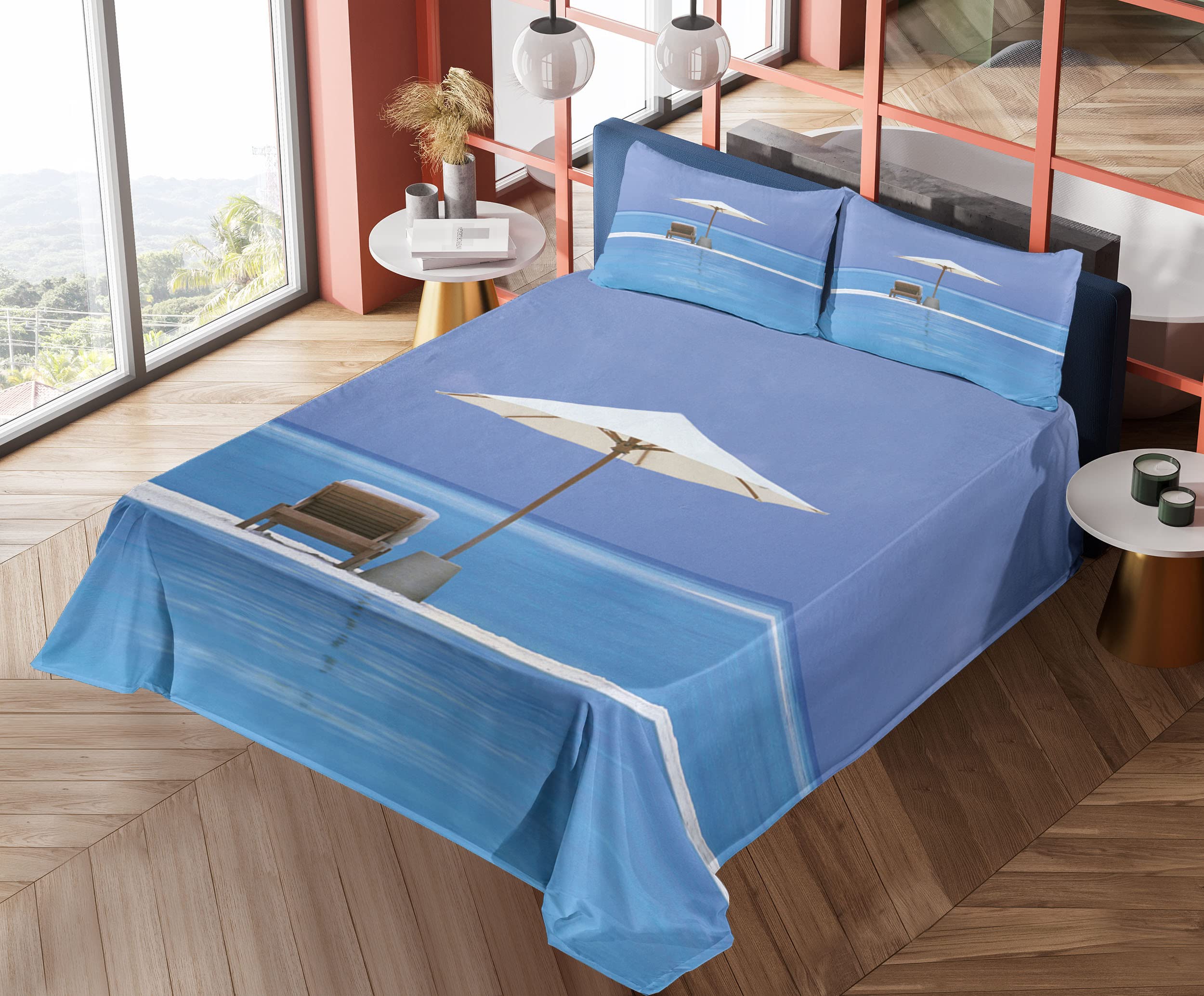 Ambesonne 4-Piece King Size Seaside Sheet Set - Ocean Seascape with Beach Chairs & Umbrella Design, Blue & Beige Bedding Set Includes Fitted Sheet, Flat Sheet & 2 Pillowcases | Perfect for Beach-Themed Bedrooms, Coastal Decor & Vacation Homes
