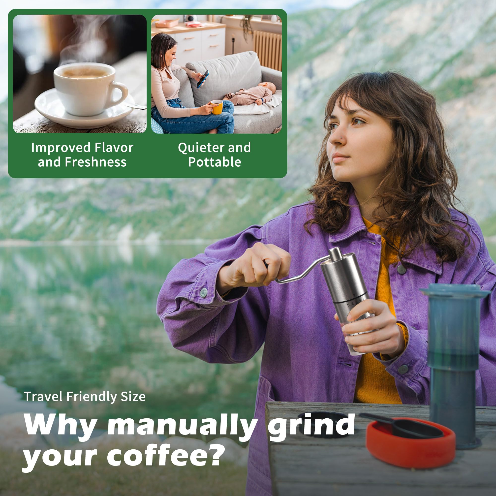 Premium Manual Coffee Grinder with Ceramic Burr - 5 Adjustable Settings for Espresso & French Press - Portable Hand Crank Coffee Bean Mill for Home, Camping & Travel - Perfect for Coffee Enthusiasts & Outdoor Adventures