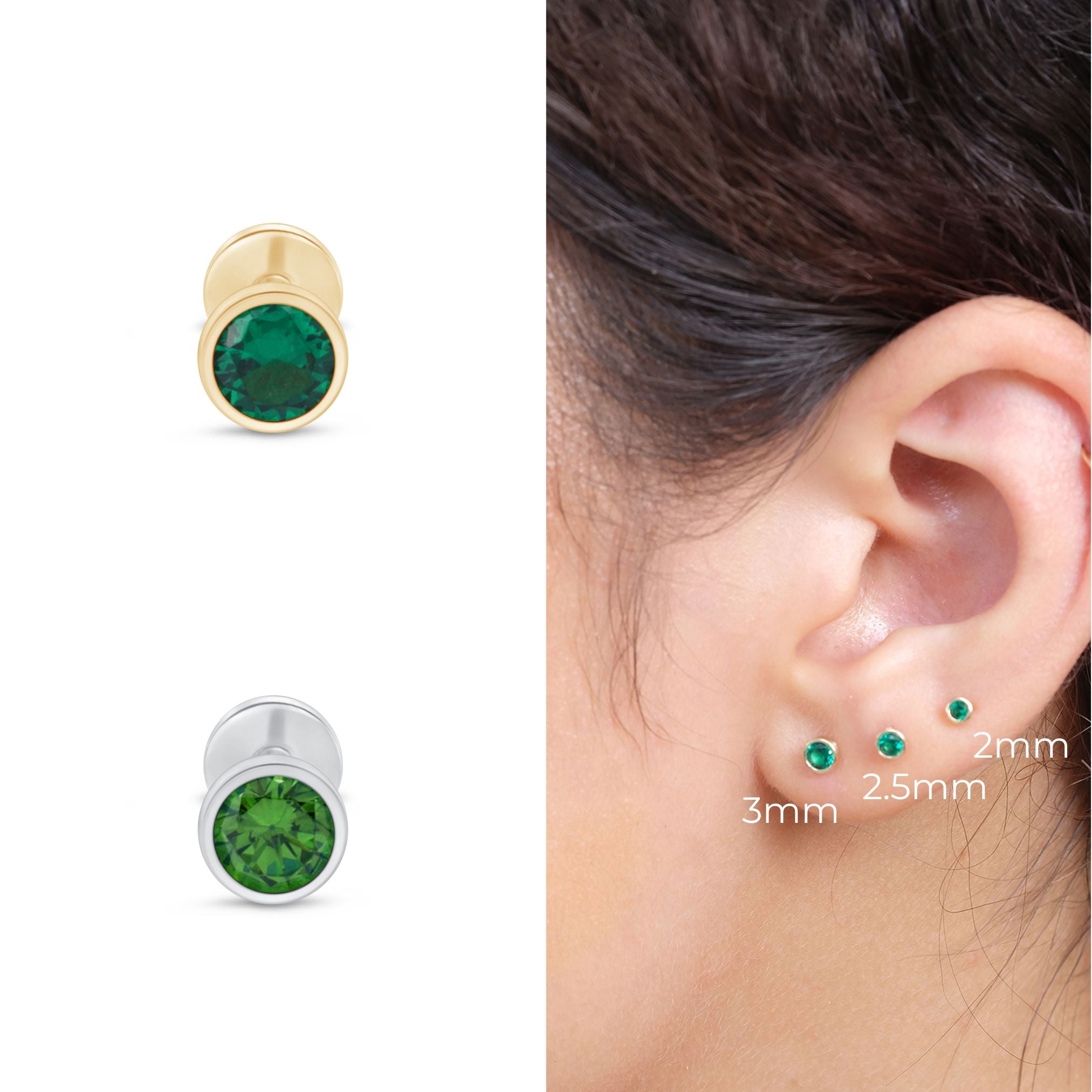 14K Yellow Gold Round Emerald Flat Back Stud Earrings - Bezel Set Gemstone Jewelry for Women, Perfect for Everyday Wear & Special Occasions