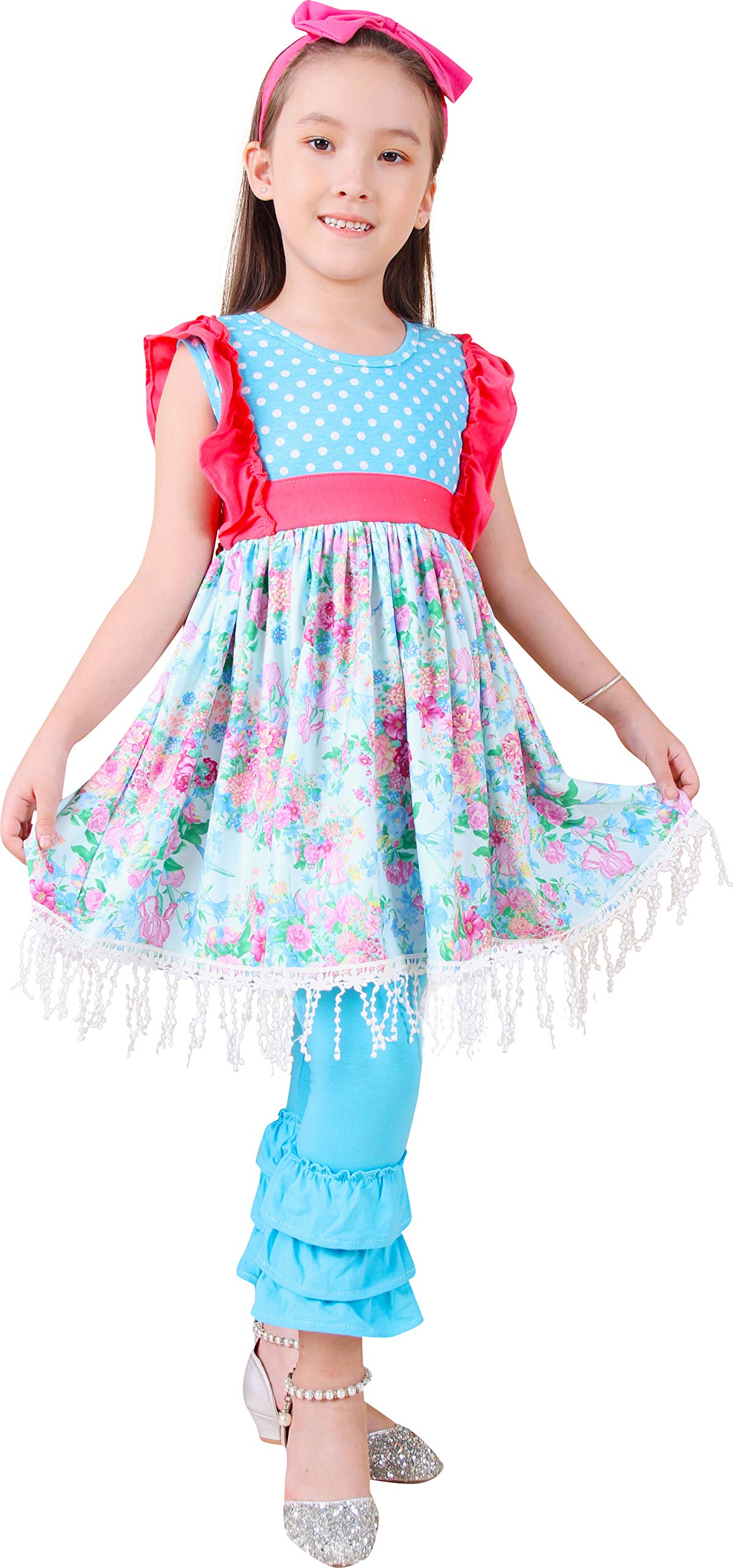 Baby Girls' Spring Easter Floral Ruffled Dress & Capri Pants Outfit Set with Hairband - Mint & Pink | Toddler Easter Outfit, Photoshoot, Church & Party Wear