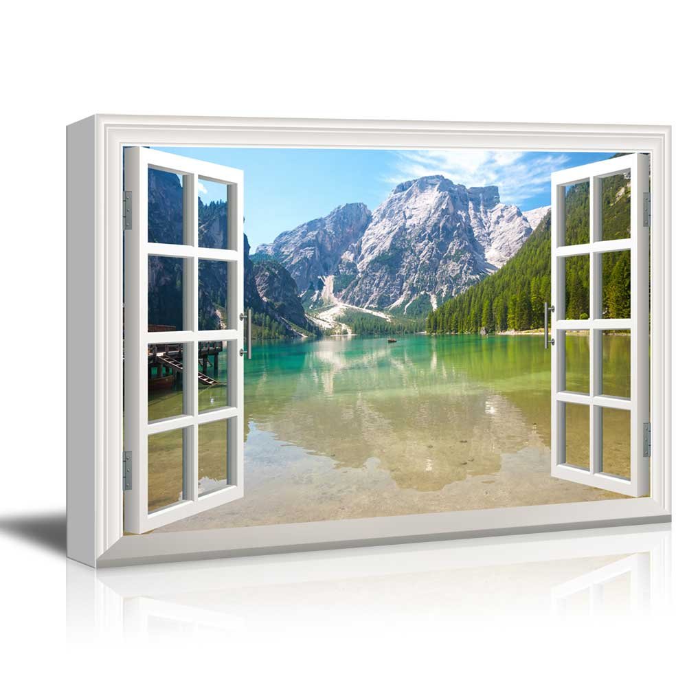 16x24 Inches Window View Nature Landscape Canvas Print - Clear River & Mountain Forest Scenery Wall Art for Living Room, Bedroom & Office Decor