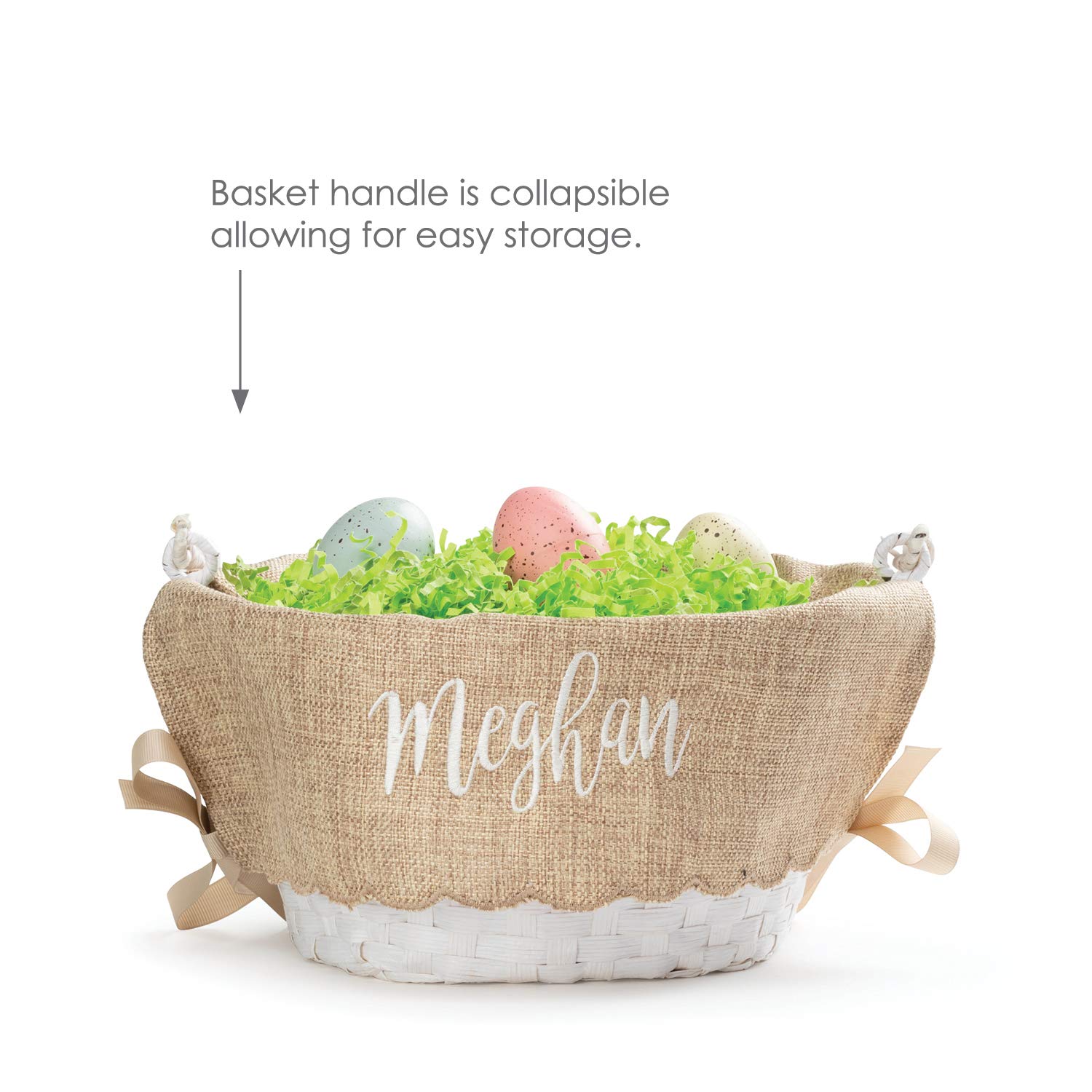 Personalized Easter Egg Basket with Handle - Custom Name in White Script | Scallop Edge Burlap Liner | White Woven Basket for Kids & Adults | Perfect for Easter Egg Hunts, Gift Giving & Spring Decor