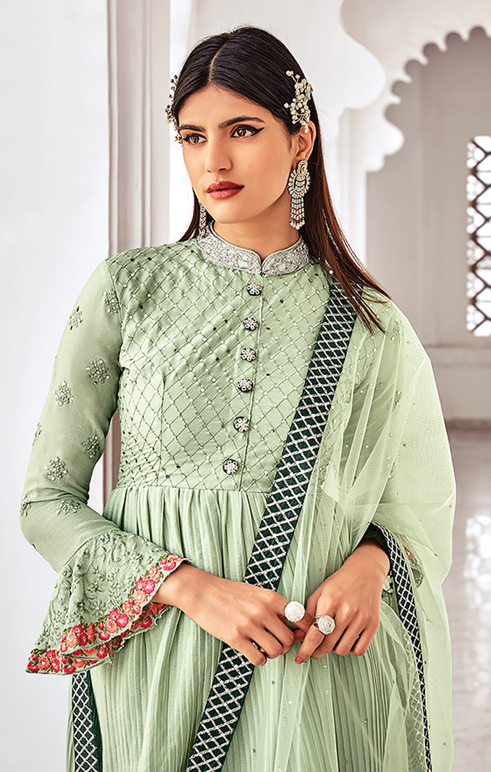 Stylish Green Designer Suit with Pants & Dupatta - Premium Chinnon Fabric (K645) | Perfect for Weddings, Parties & Festive Occasions