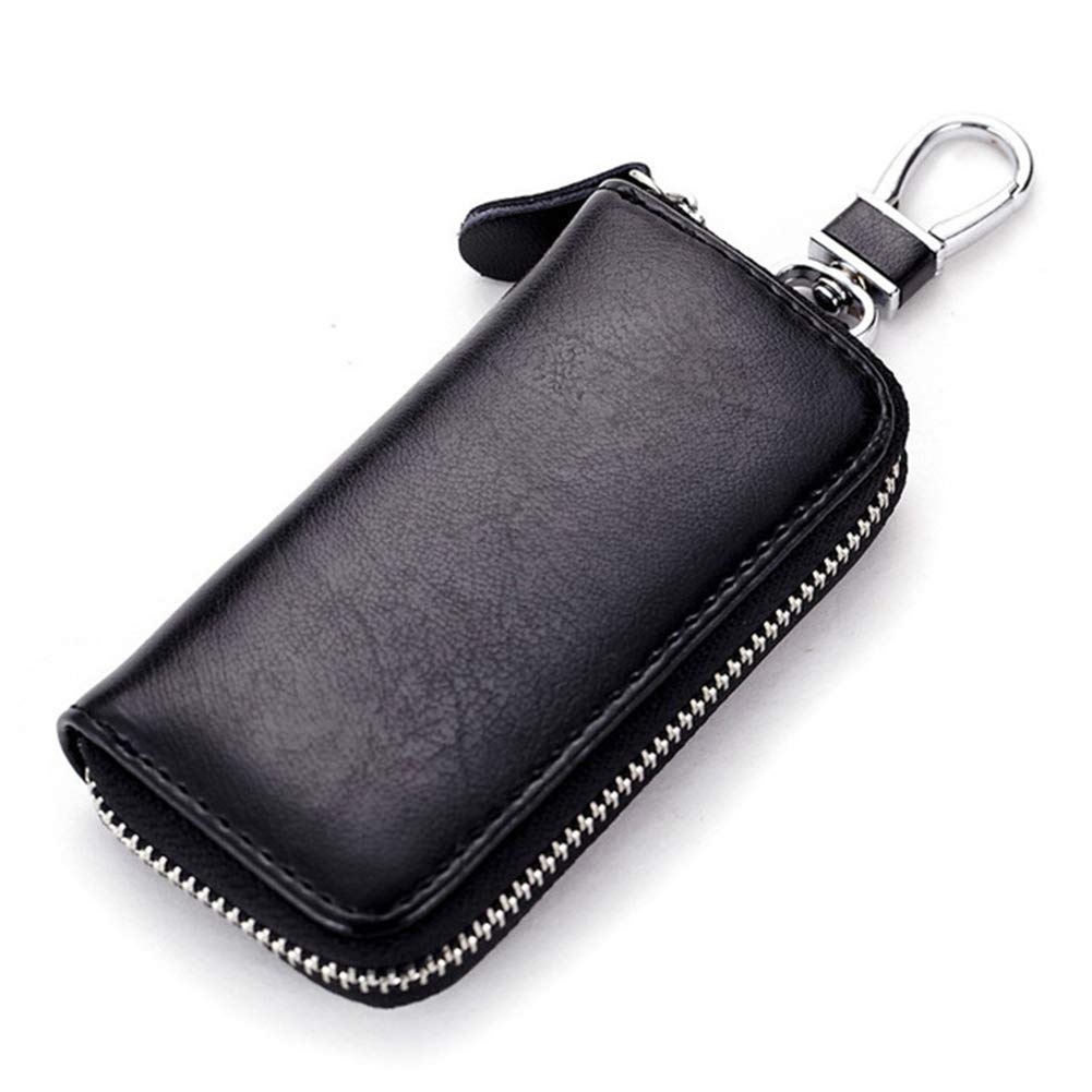 Premium Genuine Cowhide Leather Car Key Holder Bag - Universal Keychain Wallet with 7 Metal Key Hooks - Unisex Zipper Key Case for Men & Women (Black) - Perfect for Organizing Keys at Home, Office, or On-the-Go