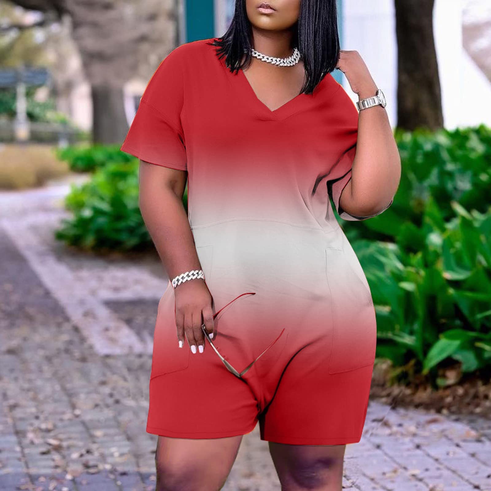 2024 Women's V-Neck Short Sleeve Jumpsuit with Pockets & Wide Leg Shorts - Casual Summer Romper (Sizes S-5XL) | Perfect for Beach Vacations, Weekend Outings & Summer Parties