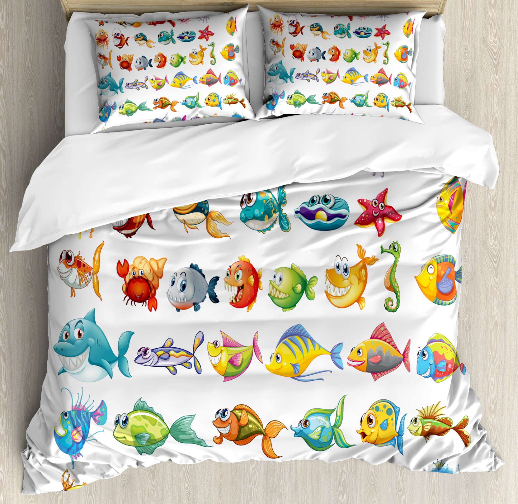 Ambesonne King Size Fish Duvet Cover Set - Vibrant Sea Creature Cartoon Print 3-Piece Bedding with 2 Pillow Shams | Multicolor Abstract Ocean Theme | Perfect for Kids' Rooms, Beach Houses & Coastal Decor