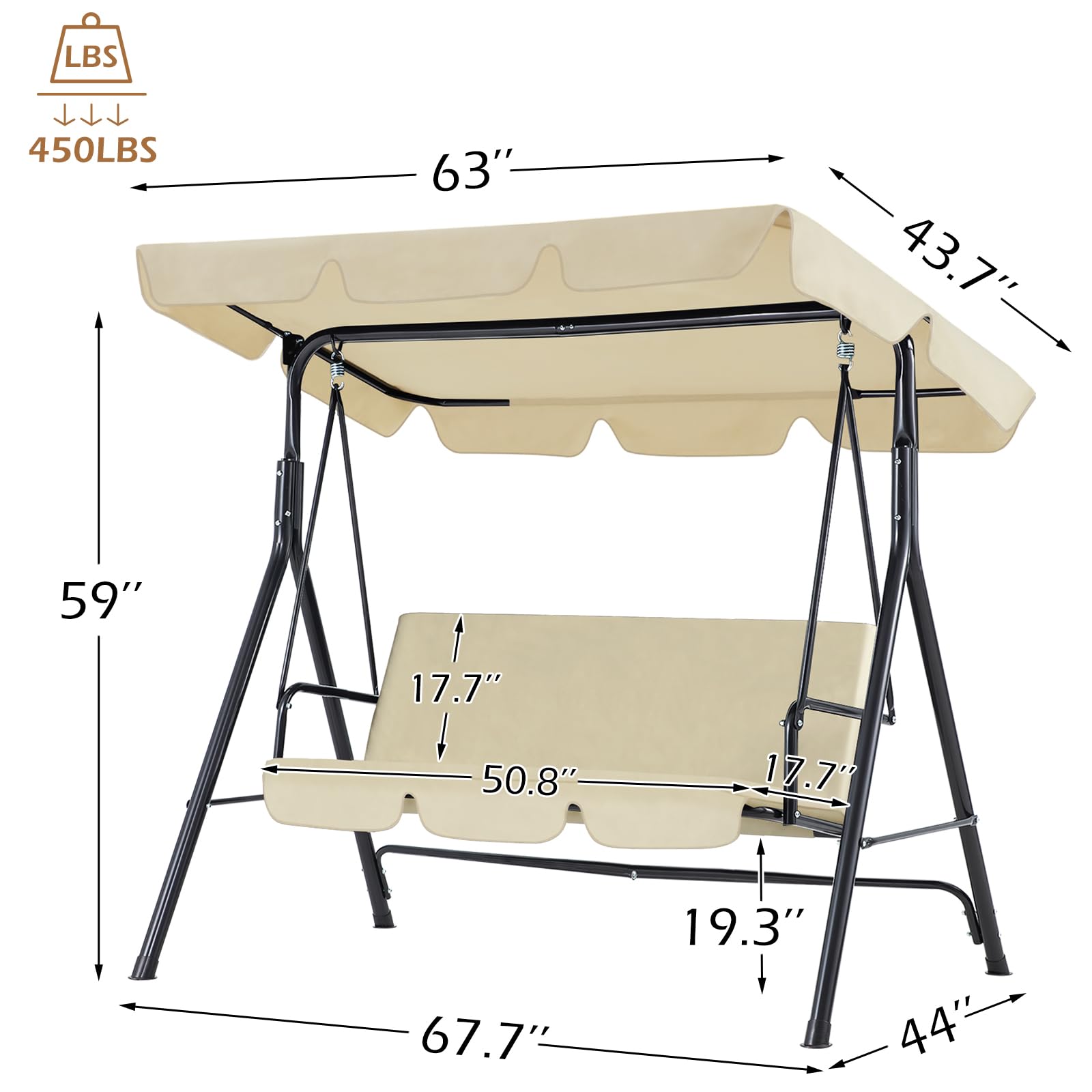 AECOJOY 3-Seat Outdoor Patio Swing Chair with Adjustable Canopy & Removable Cushion - Heavy Duty Porch Swing Bench for Adults - Perfect for Backyard, Garden, Poolside, Balcony or Deck Relaxation (Beige) | Ideal for Lounging, Reading & Enjoying Outdoor Breezes