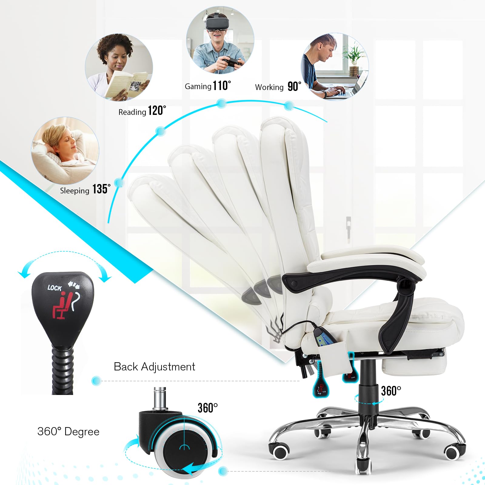 Premium Ergonomic Reclining Office Chair with 7 Massage Points & Heating Function - High Back Executive Desk Chair with Retractable Footrest - 360° Swivel Computer Chair for Home & Office (White) - Perfect for Long Work Hours, Gaming & Relaxation