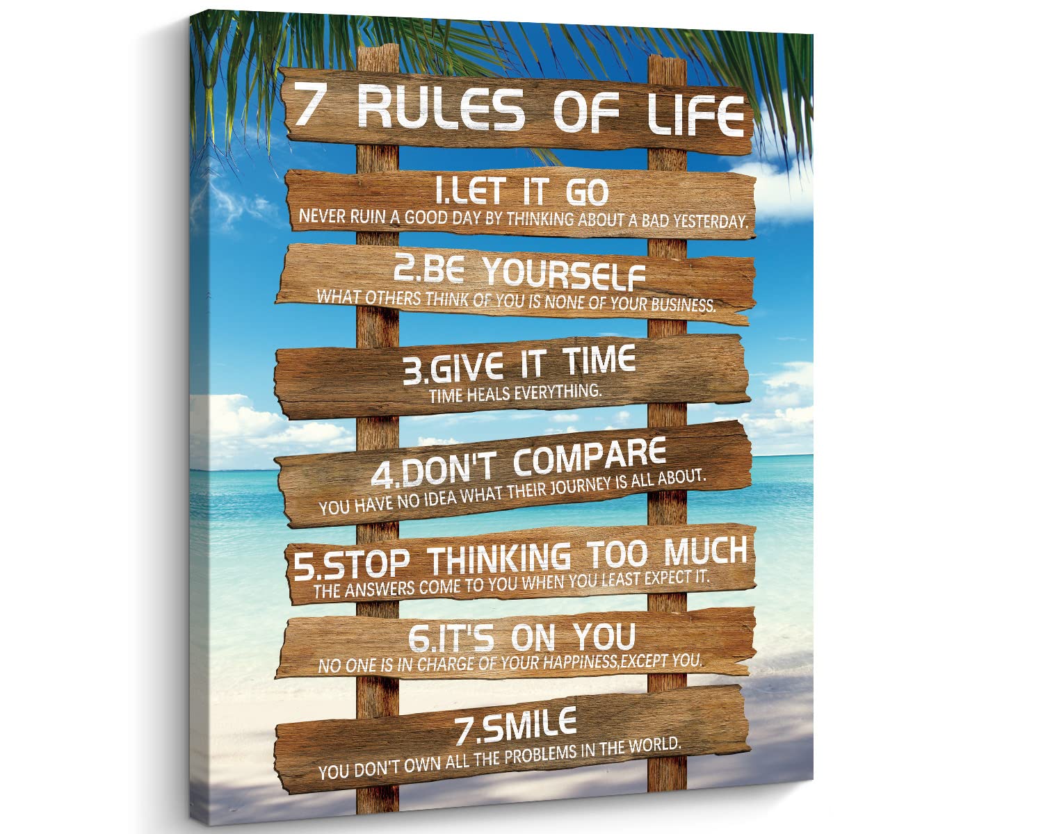 Kas Home 7 Rules of Life Motivational Canvas Wall Art - 12x15 Inch Rustic Framed Inspirational Decor with Beach Quotes for Living Room, Bedroom, Bathroom - Perfect Housewarming Gift & Positive Home Office Decor (Brown)