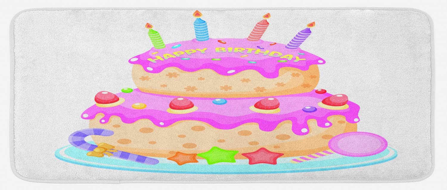 Ambesonne Birthday Party Kitchen Mat - Non-Slip Plush Decorative Rug with Pastel Cake, Candles & Candies Design, 47x19 Inches, Pale Pink - Perfect for Birthday Celebrations, Kitchen Decor & Party Themes